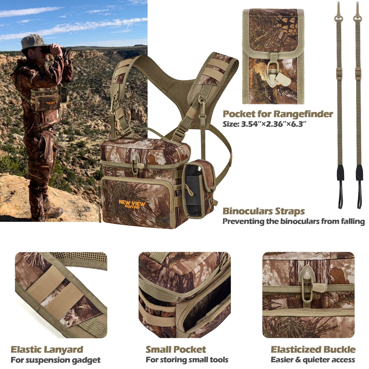 NEW VIEW 60L Hunting Backpack with Waterproof Rain Cover & Bino Packs for Hunting - Binocular Straps Harness Chest Pack