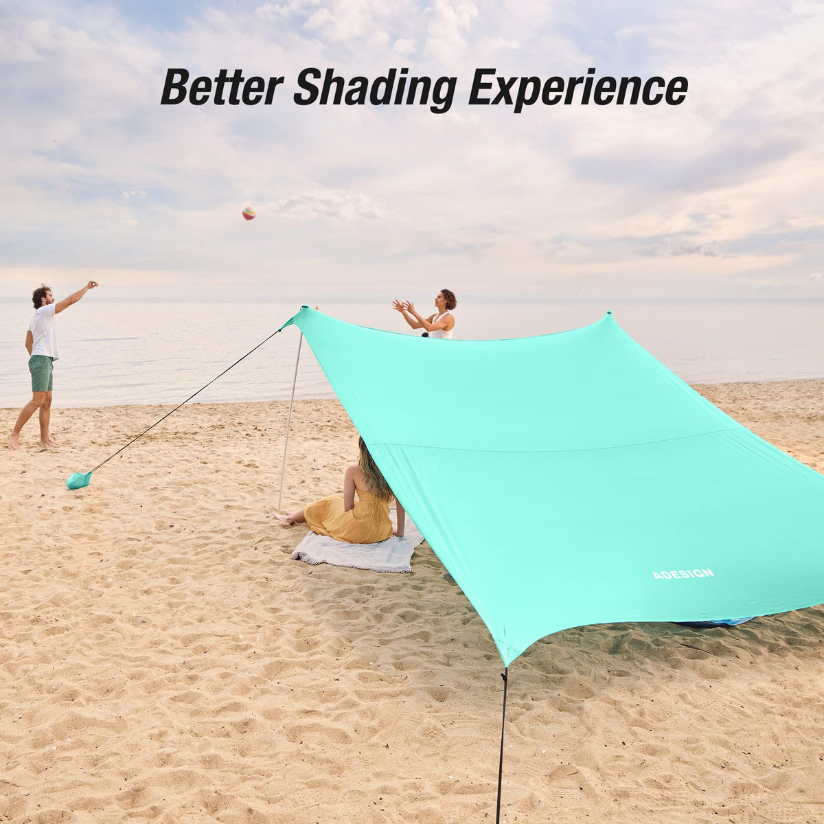ADesign Windproof Beach Tent Sun Shelter with 8 Sandbags, Wind Resistant Large Family Beach Canopy with Sand Shovel, UPF50+, 6.5 FT Tall, Easy Setup Sun Shade for Beach Vacation