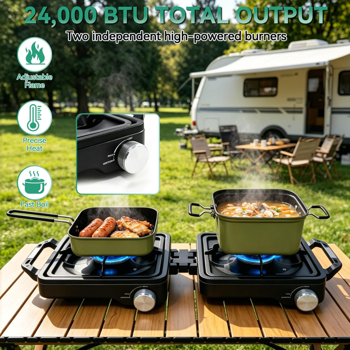 2 Burner Camping Stove 24000 BTU, Portable Propane Camp Stove Set with Frying Pan and Pot, Wind Shield, Griddle, Adjustable Dual Gas Stoves Camping Cooking Kit For RV, Tailgating, Survival, Black