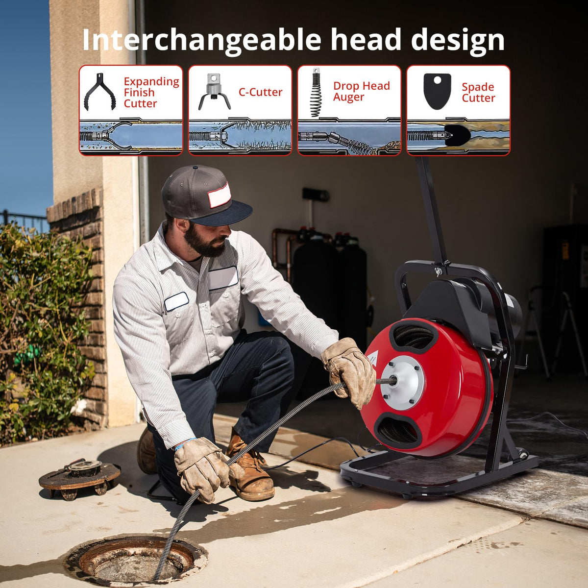 Electric Drain Cleaner Machine, 50FT x 1/2" Cable, 250W Auto-Feed Sewer Snake, 4 Interchangeable Cutter Heads, Air Foot Switch, Portable Auger for 1"-4" Pipes, Home and Commercial Use