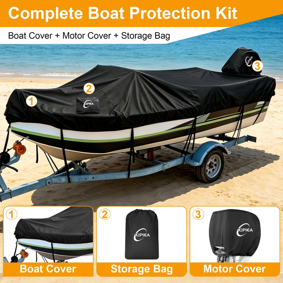 Kipiea 1300D Boat Cover - Heavy Duty Waterproof Boat Covers and Motor Cover, Double PU Waterproof, Fits V-Hull, Fish & Ski, Pro-Style, Bass Boats, Fishing (20'-22' Long X 100" Wide)