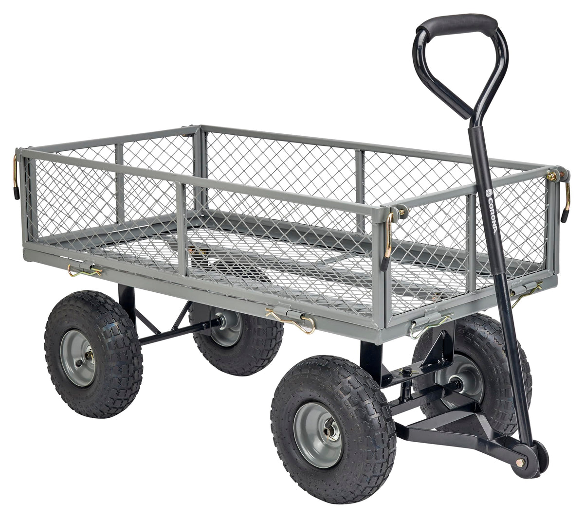 Corona Metal Landscape Cart 400 Pound Capacity Fold Down Sides 10 Inch Pneumatic Tires for Yard, Gardening, Bark, Planting