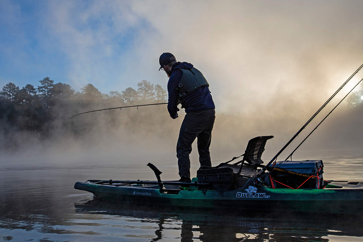 Perception Kayaks Outlaw 11.5 - Sit on Top Fishing Kayak - Fold Away Lawn Chair Seat - 4 Rod Holders - Integrated Tackle Trays - 11.5 ft - Moss Camo