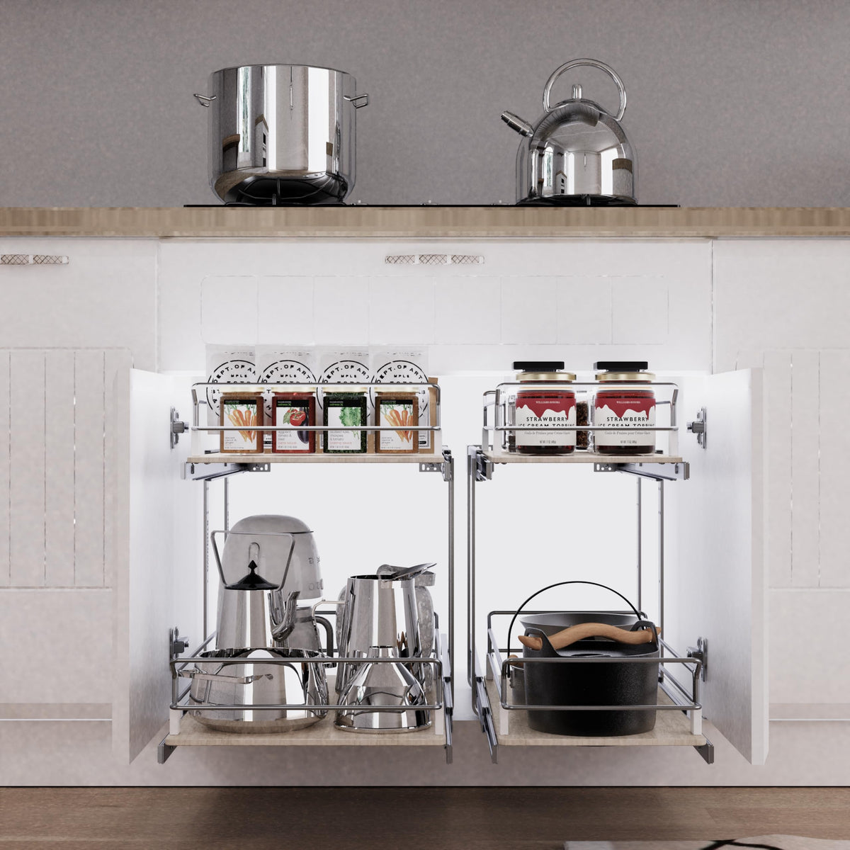 2 Tier Pull Out Cabinet Organizer 15" W X 22" D, Slide Out Drawers For Kitchen Cabinets, Pull Out Drawers For Cabinets Capacity Heavy Duty Caddy, Cabinet Pullout Shelves Wood Chrome, Pantry Storage