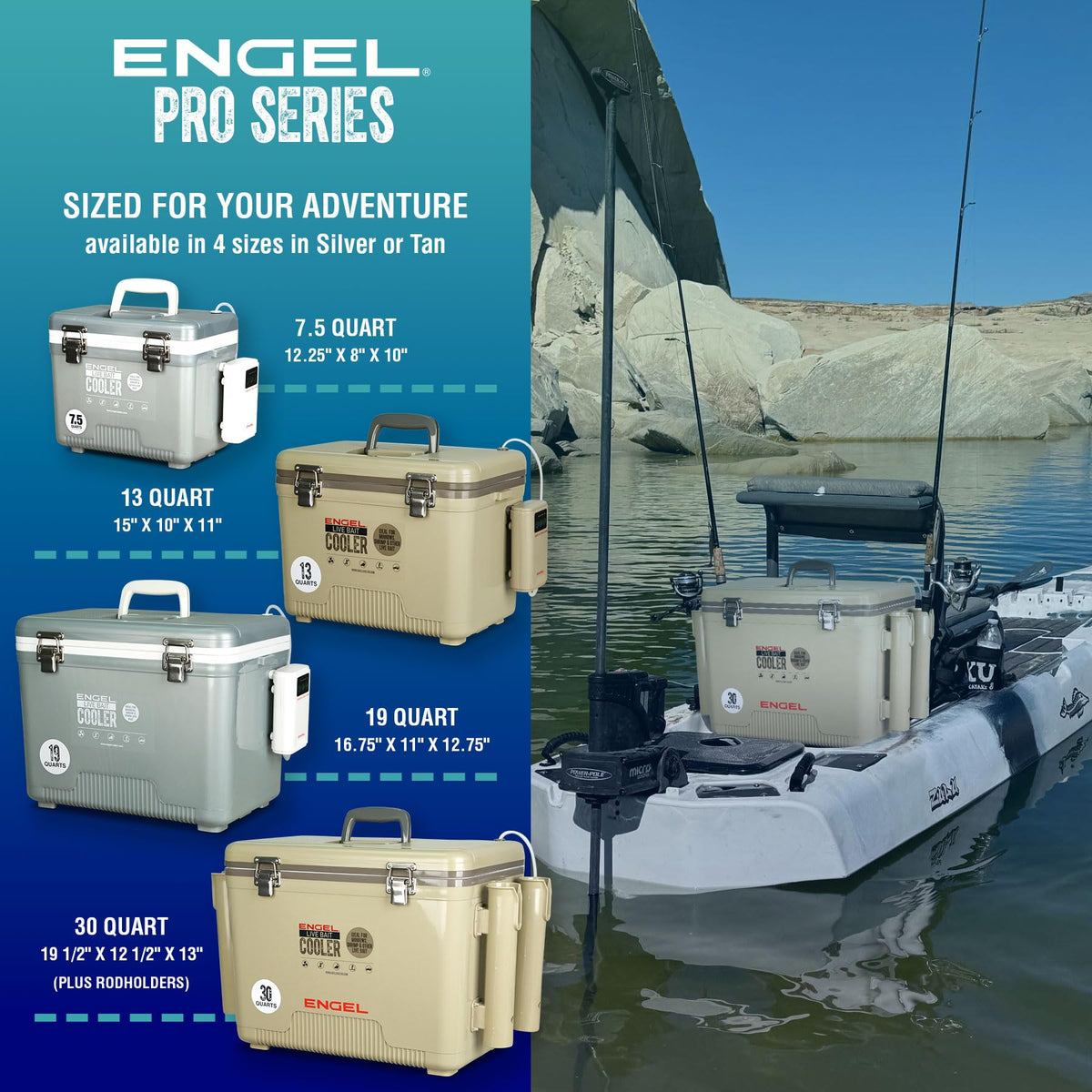 ENGEL 7.5 Quart Live Bait Cooler PRO for Fishing - Portable Minnow and Bait Bucket with Lithium-Ion Rechargeable Aerator - Tan (7.5Qt)