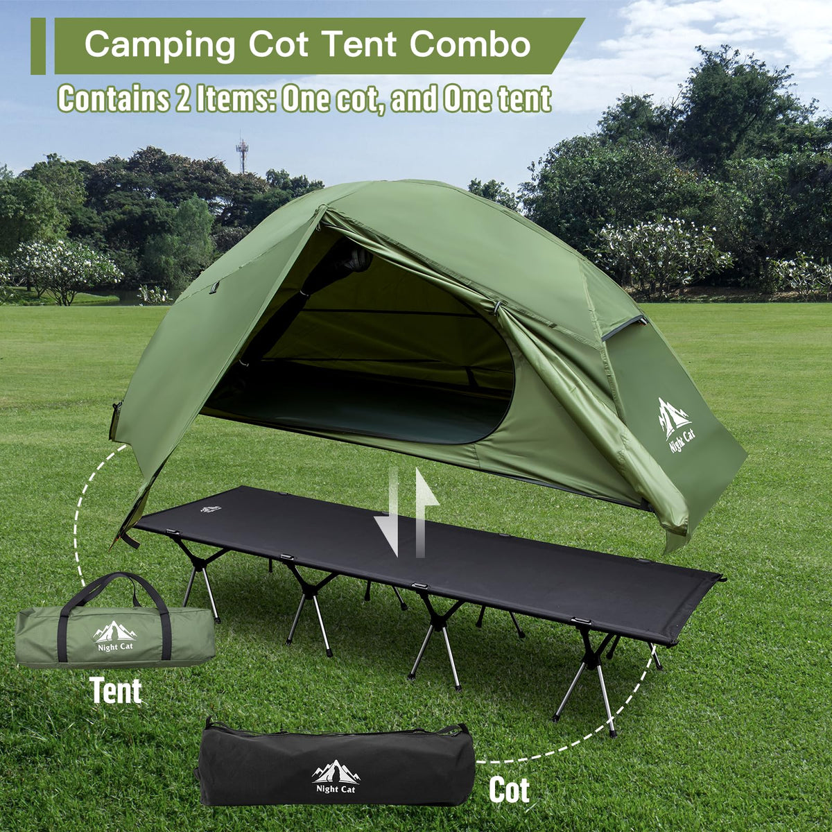Night Cat Camping Cot Tent with Self-Inflating Sleeping Pad and Self-Inflatable Camping Pillow Camping Sleeping Bag Waterproof 1-Person Off-Ground Combo Cot Bed for Adults Portable Easy Set-up Tent