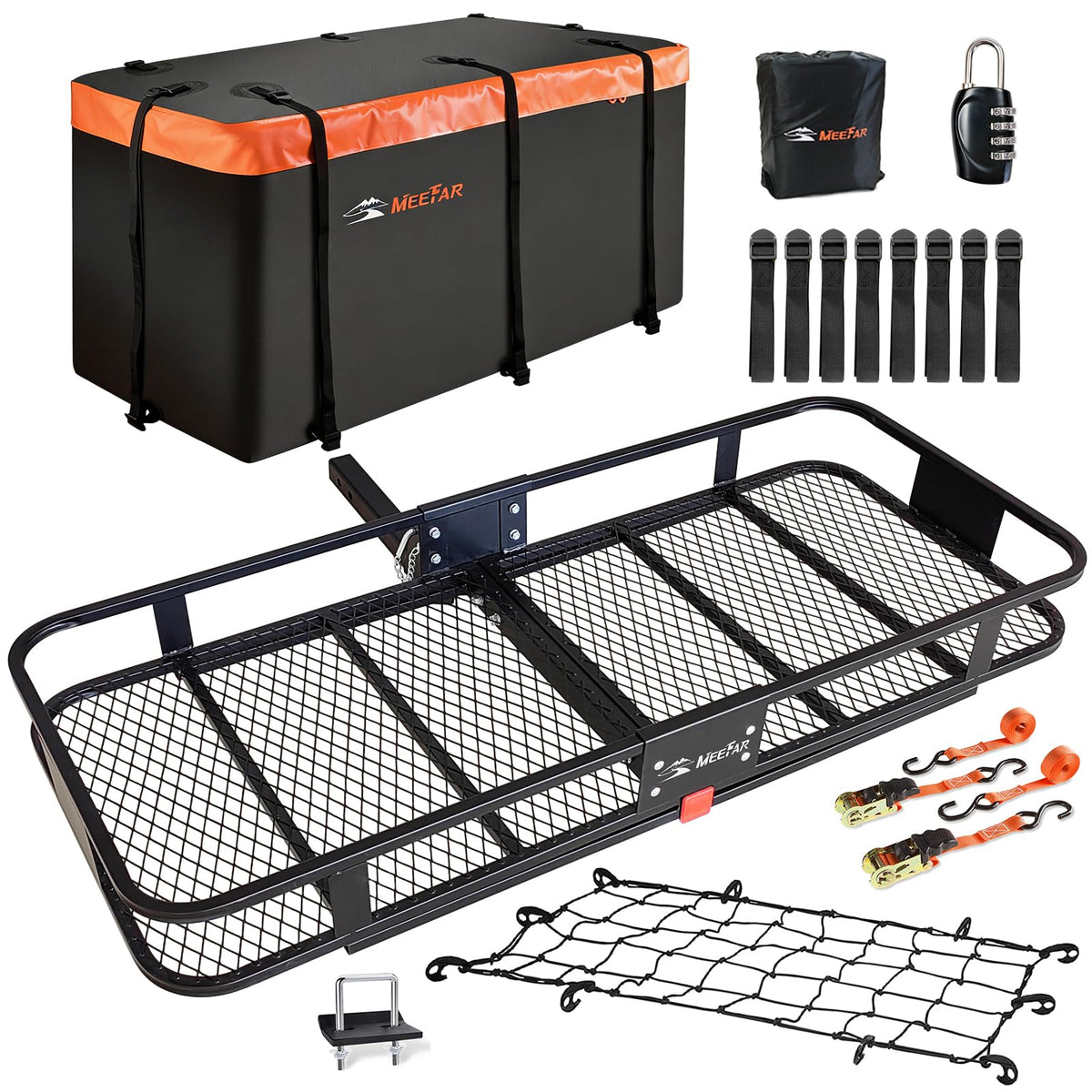 Hitch Mount Cargo Carrier Basket 60"*25"*6"+Waterproof Bag 25 Cubic Feet(60"*24"*31"),and Cargo Net with Attachment Hooks,Ratchet Straps,Hitch Stabilizer.500 Lbs Capacity,Foldable,fit 2" Receiver