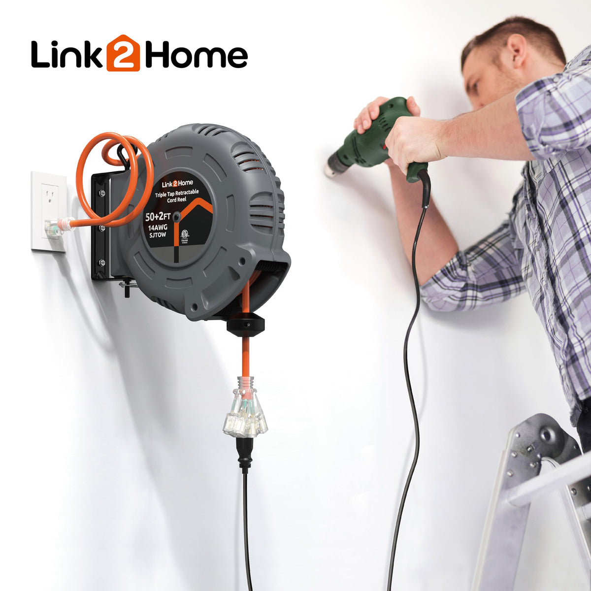 Link2Home 50 Ft. Retractable Extension Cord Reel with 3 Outlets, Lighted Triple Tap, 14AWG SJTOW Heavy-Duty Cord, Overload Protection, Wall/Ceiling Mount