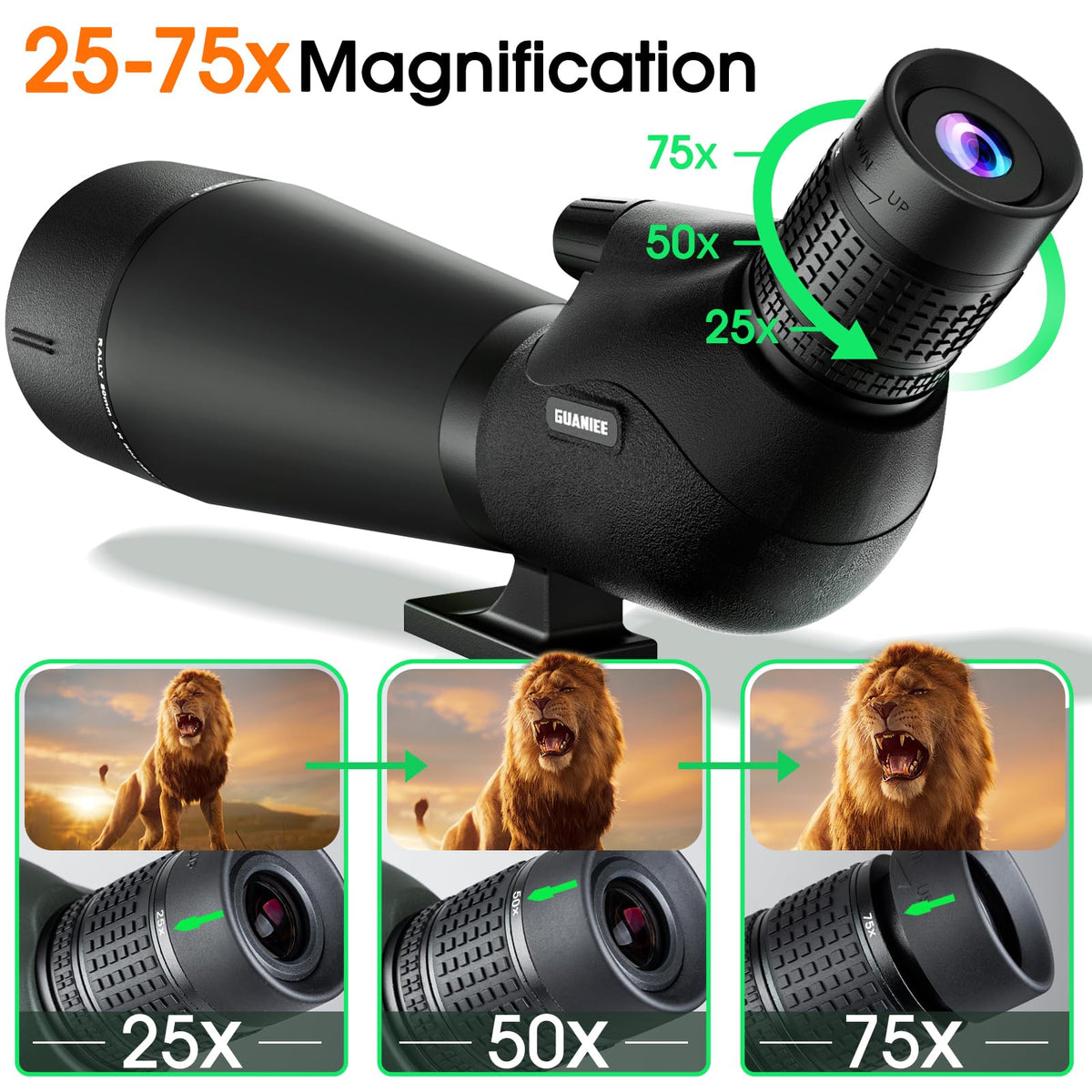 25-75x80 Spotting Scope with Full Size Tripod Carrying Bag and Phone Adapter Spotter Scope for Target Shooting for Bird Watching Wildlife Viewing Green