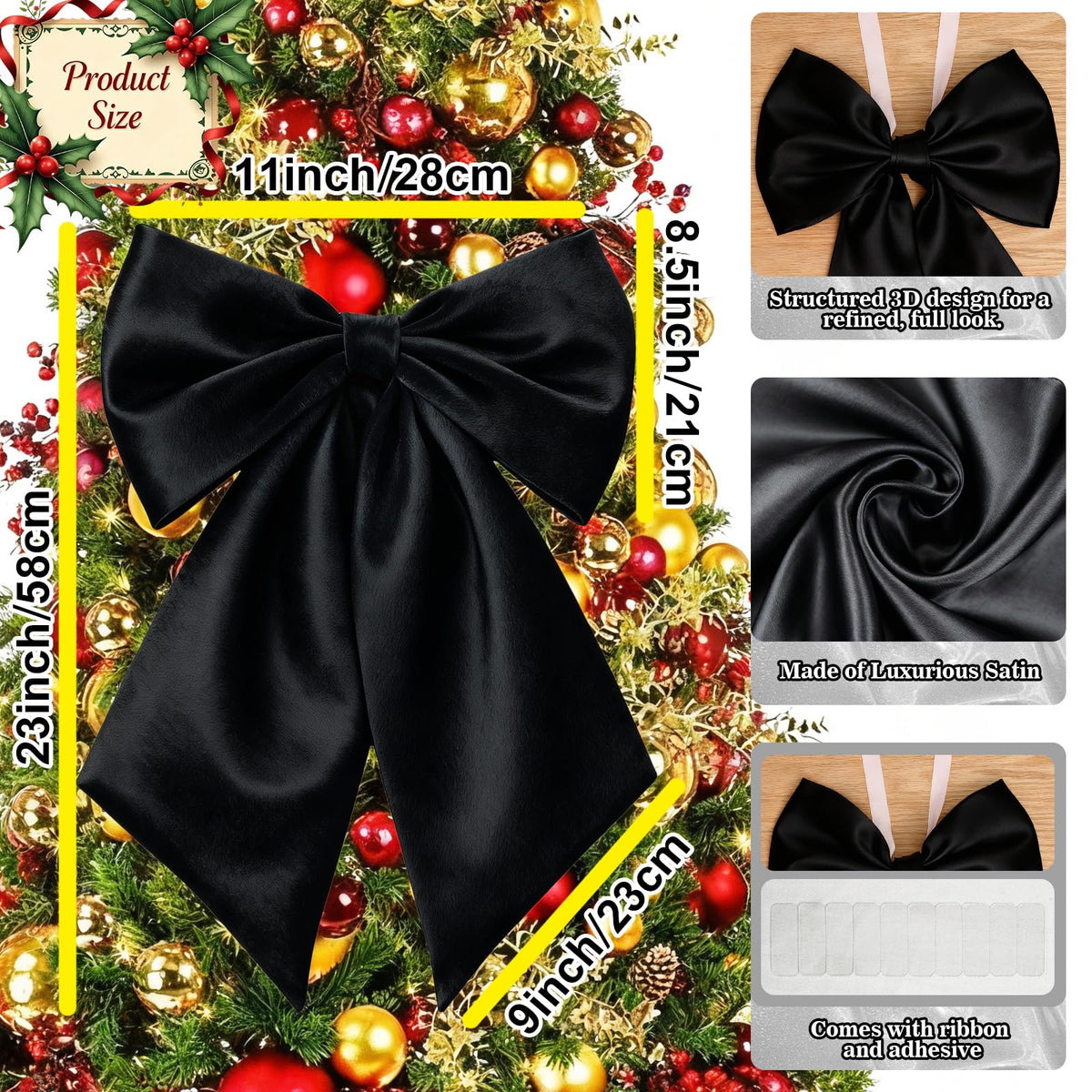 Froova Black Bows Decor 22×11 Inch Big Black Bows Decoration Background for Crib Christmas Tree Topper Bachelorette Coquette Baby Bridal Shower Wedding Xmas Valentine's Day Bows for Car (3 Pack)