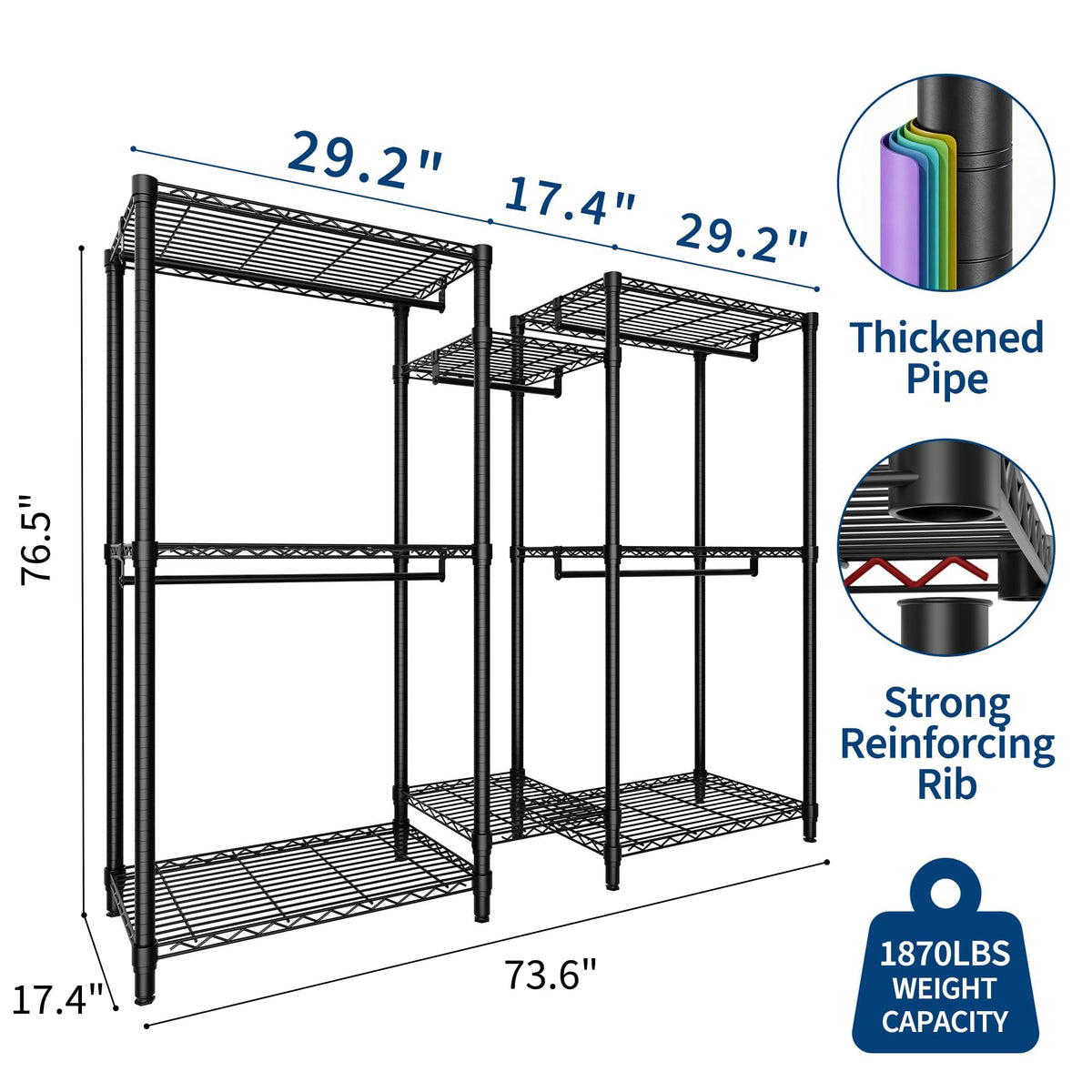 ExploreHorizon Freestanding Adjustable Garment Rack – Heavy Duty 1874LBS Capacity, 5 Hanging Rods & 8 Wire Shelves, Portable Closet Organizer (76.5" H x 73.6" L x 17.4" W)