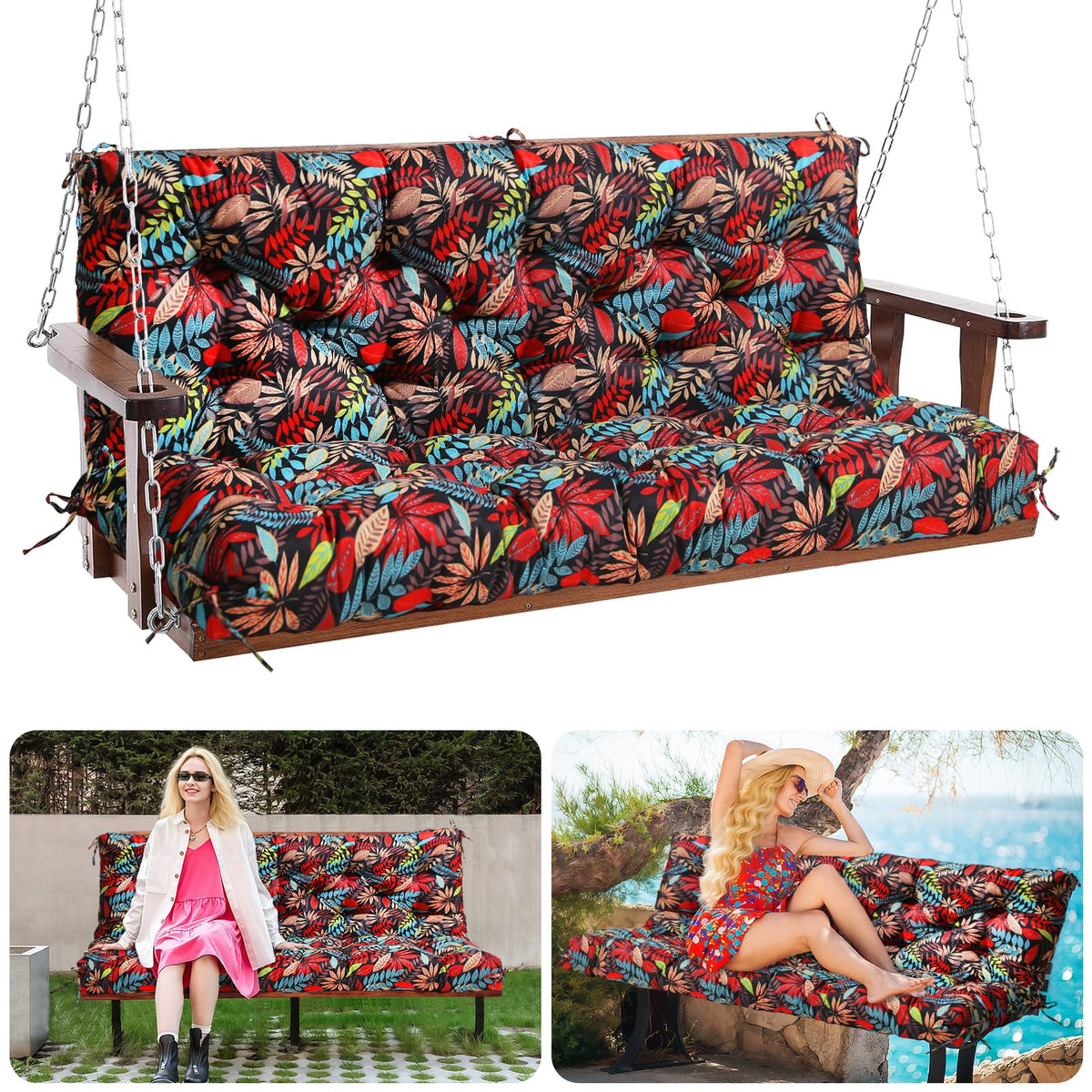 Mokoey Porch Swing Cushions 60 inch Bench Cushion Waterproof Outdoor Swing Cushions 3 Seater Thick 5in Replacement Swing Cushions for Outdoor Furniture Patio (Red Leaves-60x40 inch)