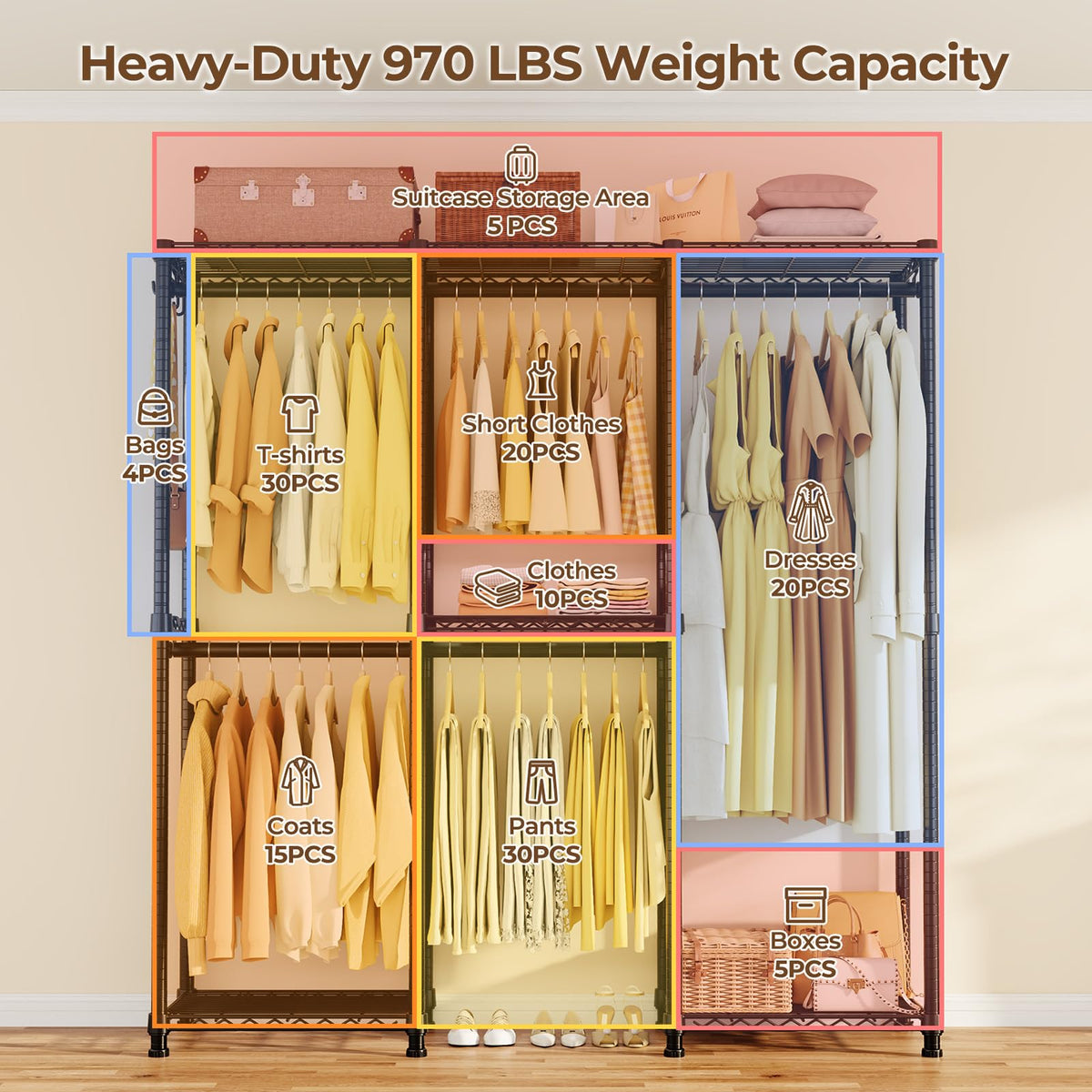 HYSEYY Portable Closet Heavy Duty Clothes Rack, Freestanding Clothing Racks for Hanging Clothes, Adjustable Garment Wardrobe Rack with 4 Hang Rods & Shelves ,73.6" L x 17.3" W x 76.4" H, Black