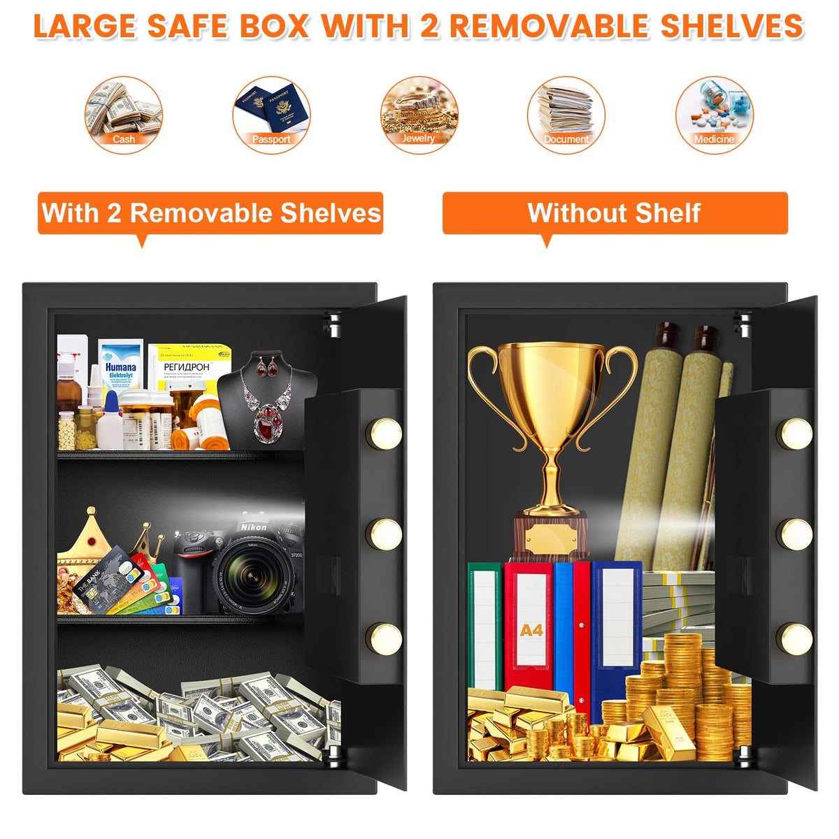 21.65"H Large Safe Box for Home, 3.8 cu ft Anti-Theft Safe with A4 Fireproof Bag, Steel Security Safe with Keypad Lock, Backup Keys, External Power Supply Box, Document Safe for Cash Medicine Document