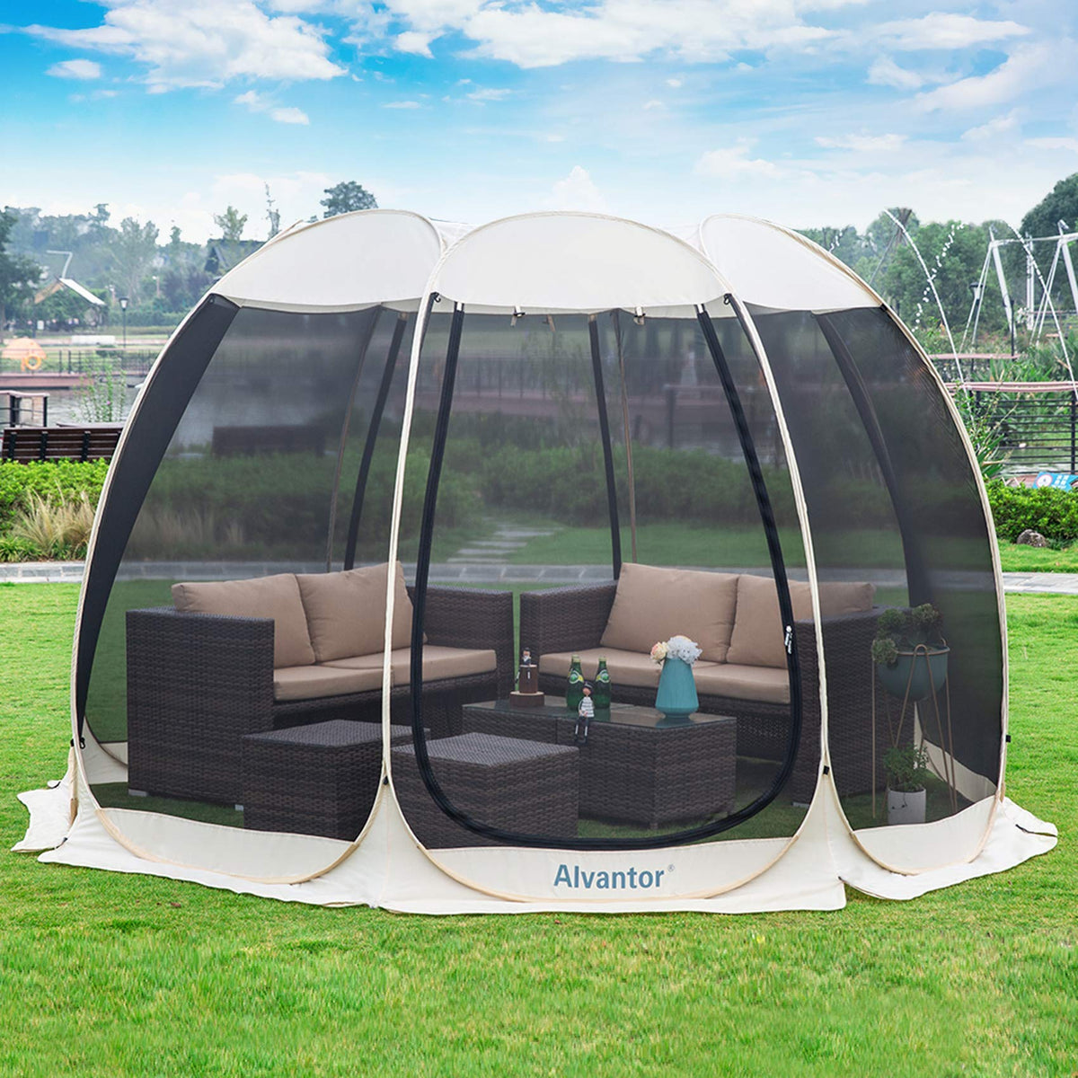 Alvantor® Screen House Room Camping Tent Outdoor Canopy Pop Up Sun Shade Shelter 8 Mesh Walls Not Waterproof Beige 12'x12' Patent Pending