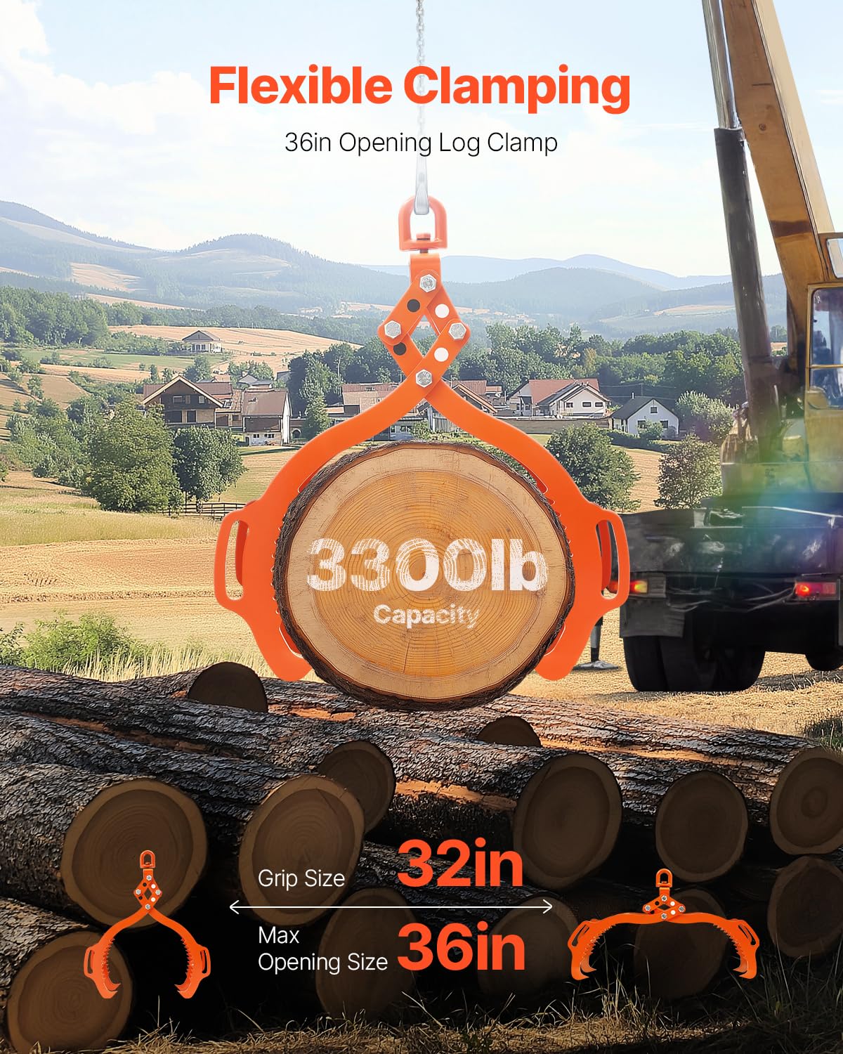VEVOR Log Lifting Tongs 36in, 4 Serrated Claw Hook Log Tongs, Heavy Duty Steel Swivel Dragging Tongs, 3300LBS Log Grapple with Handles, Lumber Log Skidding Tongs for Tractors, Trucks, Forklifts, ATVs