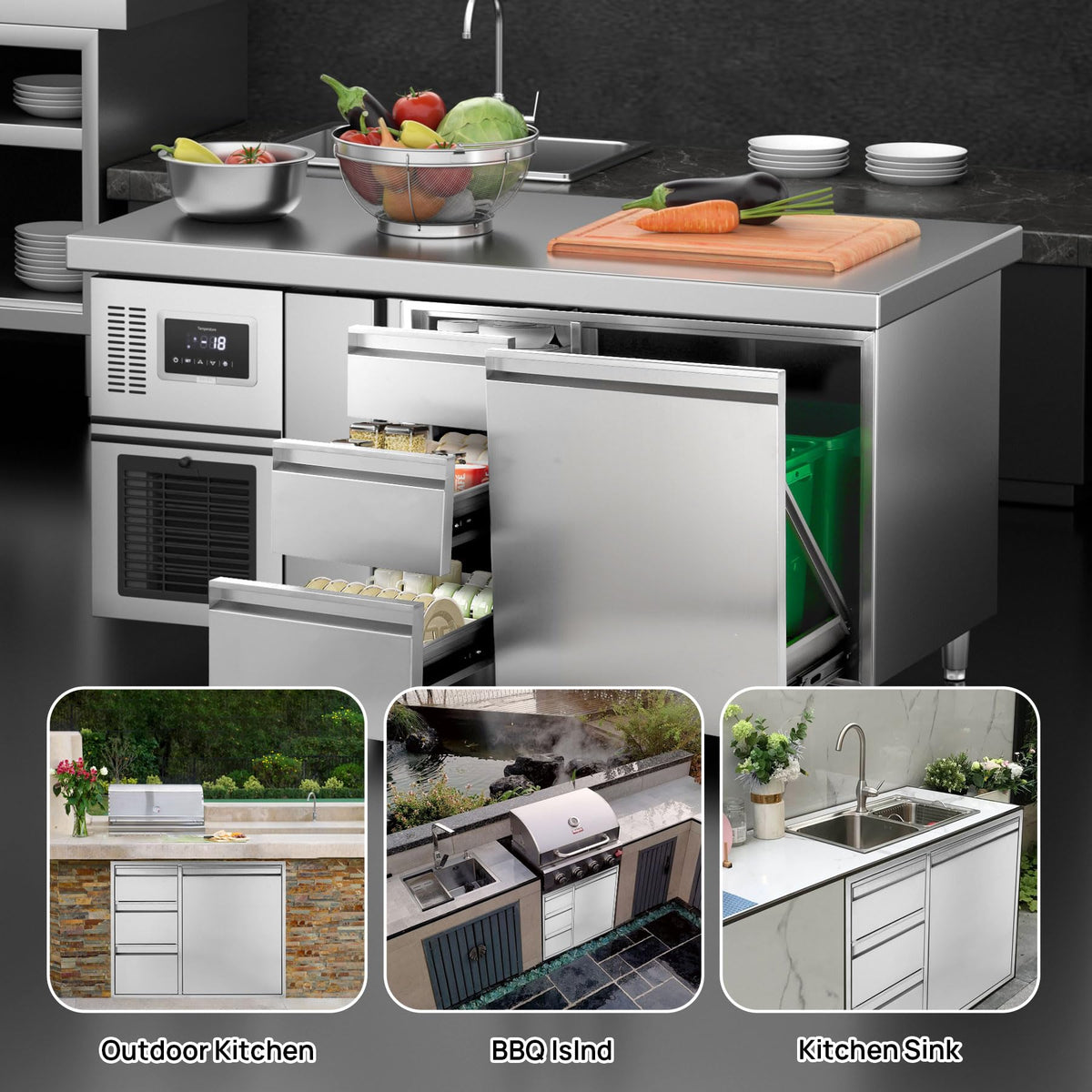 POPMOON Outdoor Kitchen Drawer Combo with Triple Drawers & Trash Bin Compartment | Includes 2X 20L Trash Cans | Outdoor Kitchen Access Drawers for Grill Station, 28" W x 22" H x 19" D