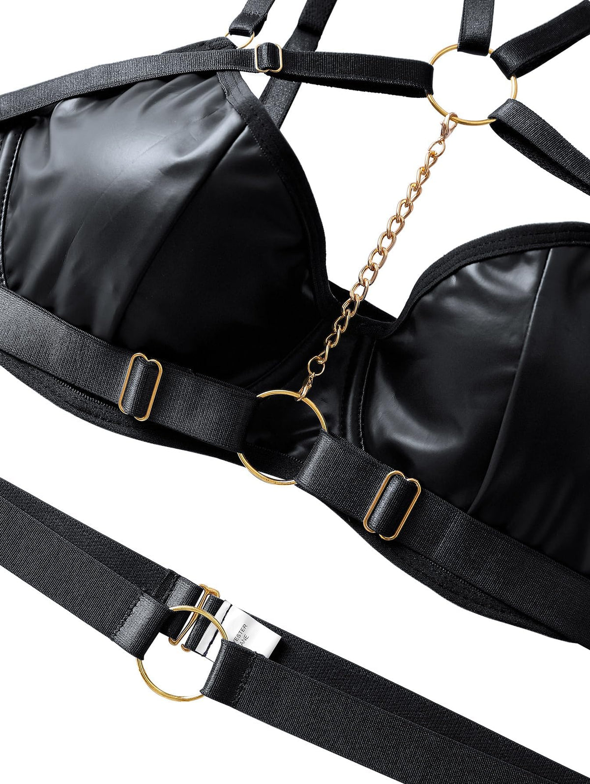 Lilosy Women Sexy Chain Strappy Underwire O Ring Push Up Garter Belt Choker Lingerie Set Latex Harness Bra and Panty 3 Piece Leather Black Medium