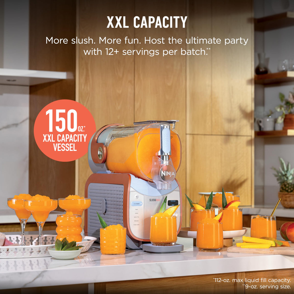 Ninja SLUSHi Max XXL Smart Frozen Drink Maker, Top Performance and Smart Technology, Party Size 150 Ounces Capacity, No Ice Needed, 6 Programs, Ideal Temp and Texture up to 12 Hours, Peach, FS605