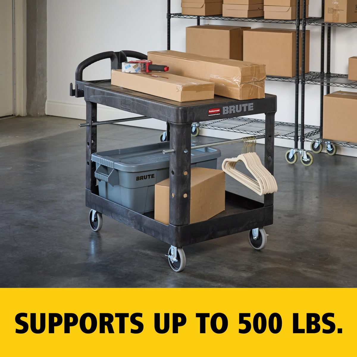 Rubbermaid Commercial Products 2-Shelf Utility/Service Cart, Medium, Flat Shelves, Ergonomic Handle, 500 lbs. Capacity, Ideal for Warehouse/Garage/Cleaning/Manufacturing