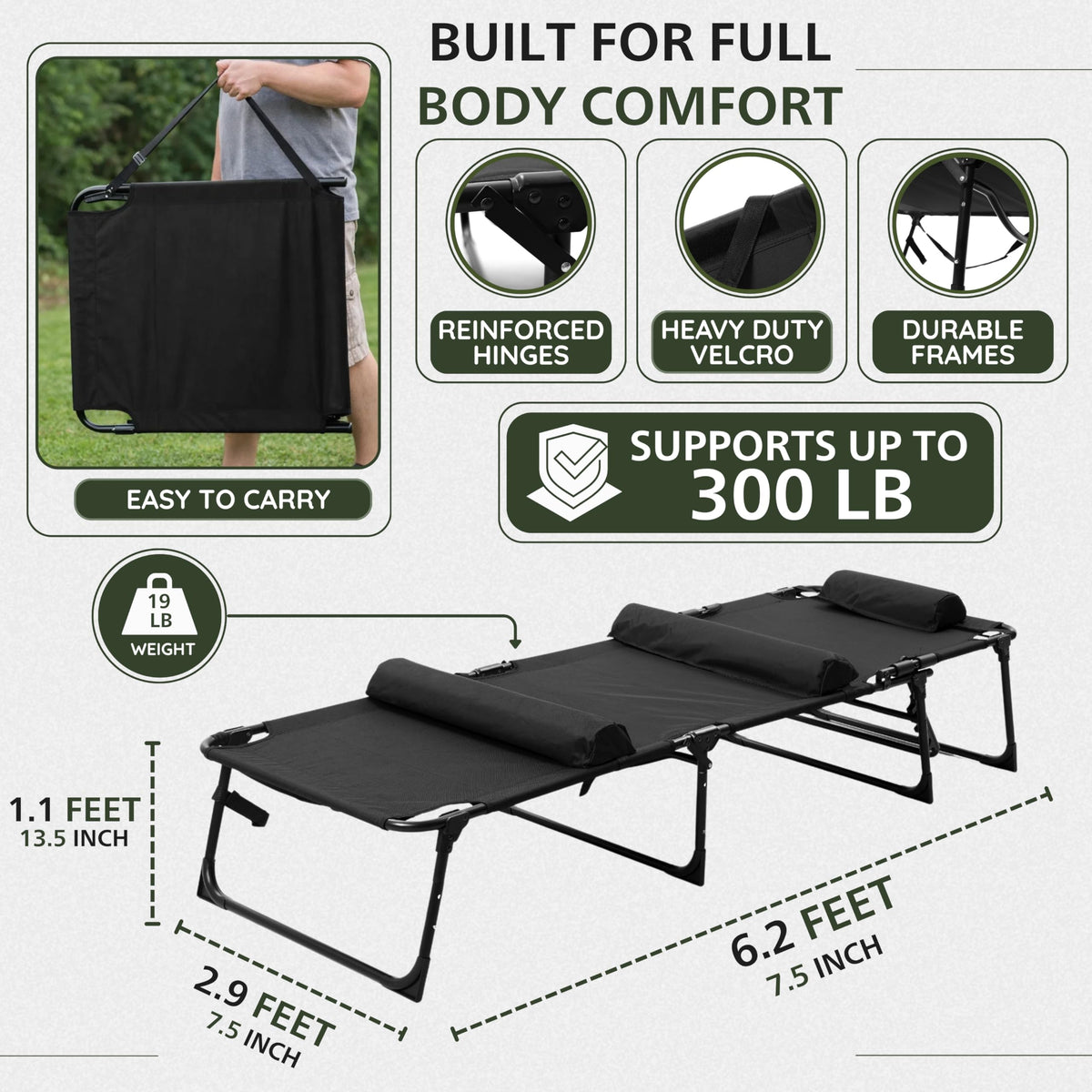 PLEOFLO Outdoor Lounge Chair | Extra Large Portable cot incl Leg Raising adjustability | Easy Setup & Takedown | Supports Adults up to 300 lb | Ideal for Camping Patio, Balcony, Beach & More