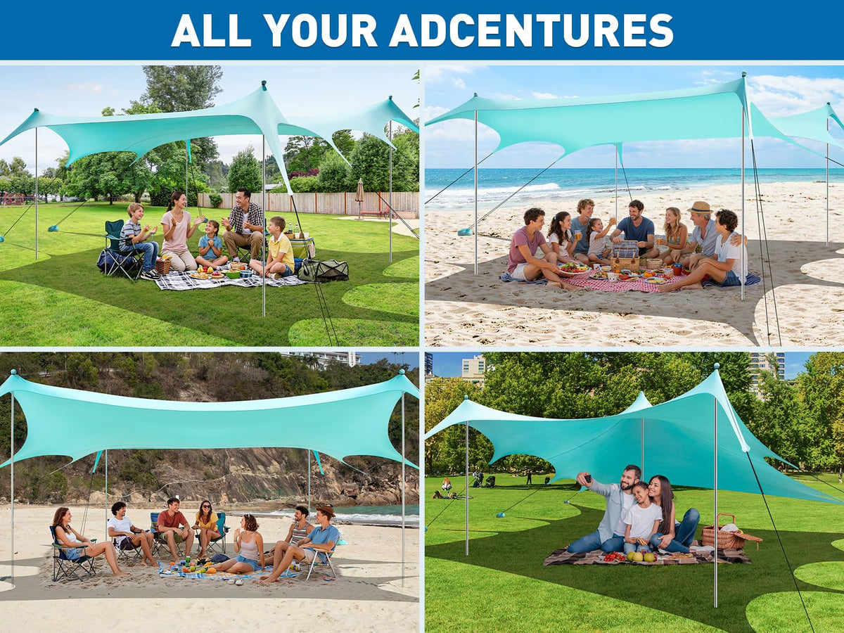 Beach Tent Sun Shelter 14 x 11FT, UPF50+ Protection Beach Shade Canopy with 8 Sandbags, Sand Shovel, Ground Pegs & Stability Poles, Beach Canopy for Camping, Fishing, Picnics, Trips