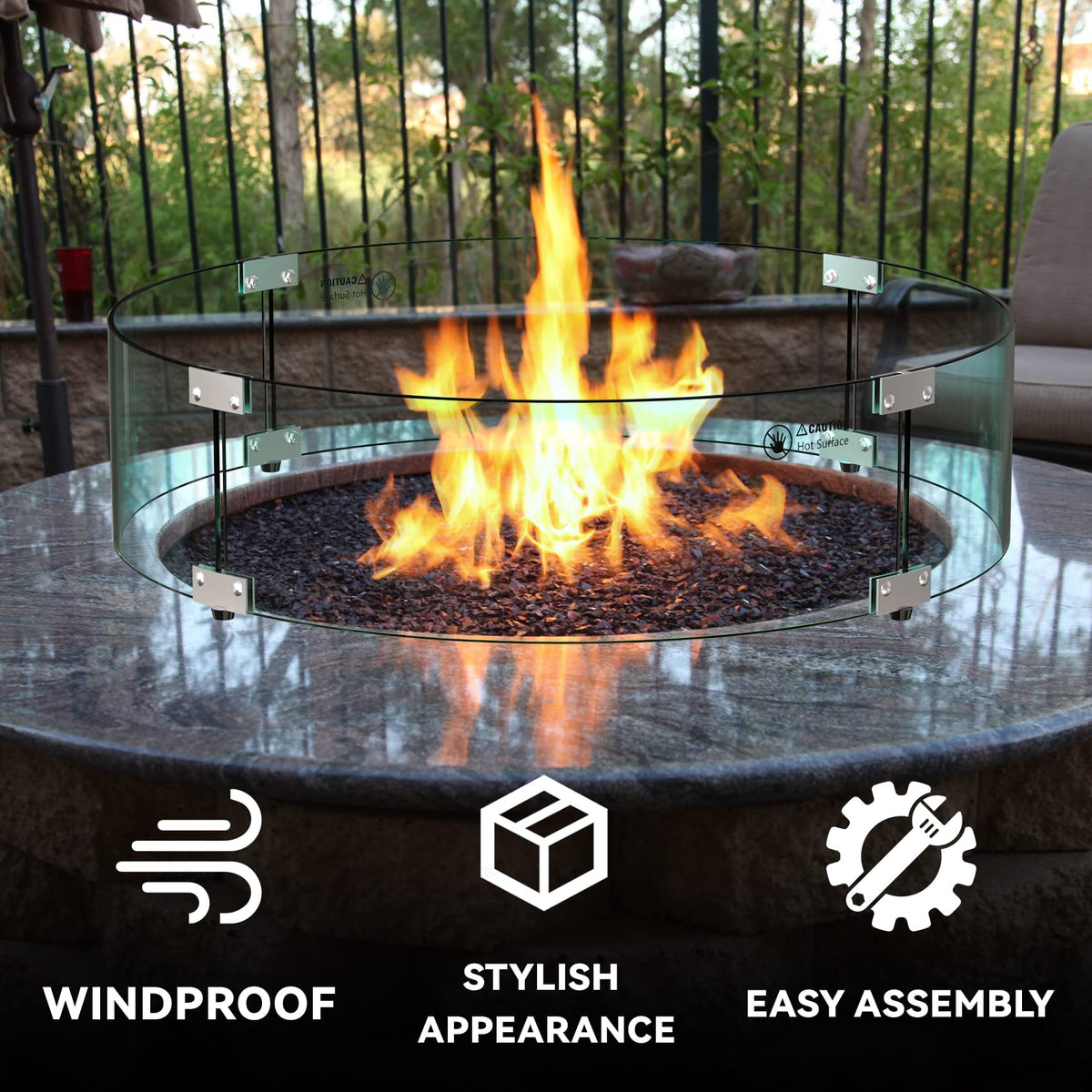 Skyflame 24" Round Fire Pit Glass Wind Guard, Thick & Clear Tempered Glass Flame Shield with Bracket & Feet, Fit for Outdoor Propane/Natural Gas Fire Pit/Table