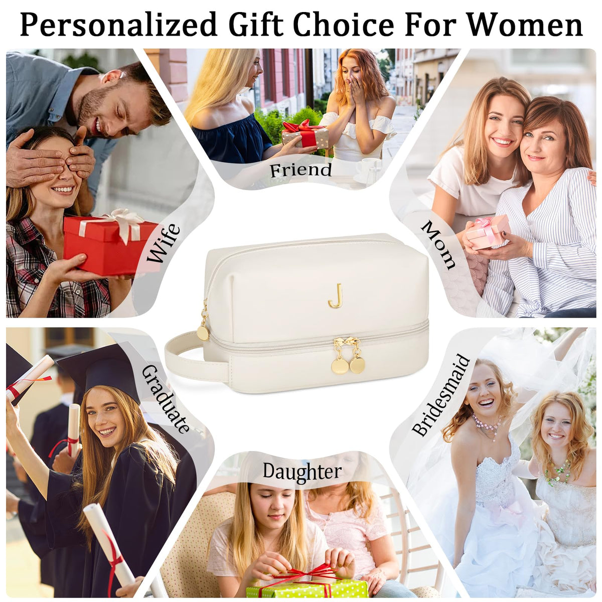 CLOUDWINGS Initial Makeup Bag for Women - Personalized Double Layer Cosmetic Bags with Makeup Brush Organizer, Hanging Travel Toiletry Bag with Large Capacity, Gifts for Mom Girlfriend Wife（Beige J）