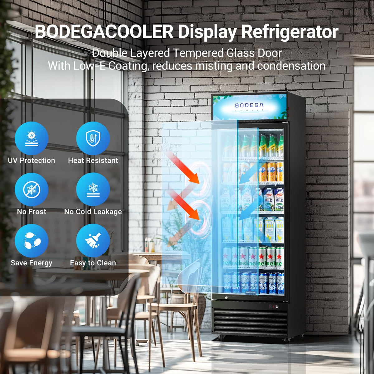 BODEGA BODEGACOOLER 15.5 Cu. Ft Commercial Beverage Refrigerator, Glass Door Upright Display Cooler, 420 Cans Drink Fridge with LED Light, 5 Adjustable Shelves, Lock, Black