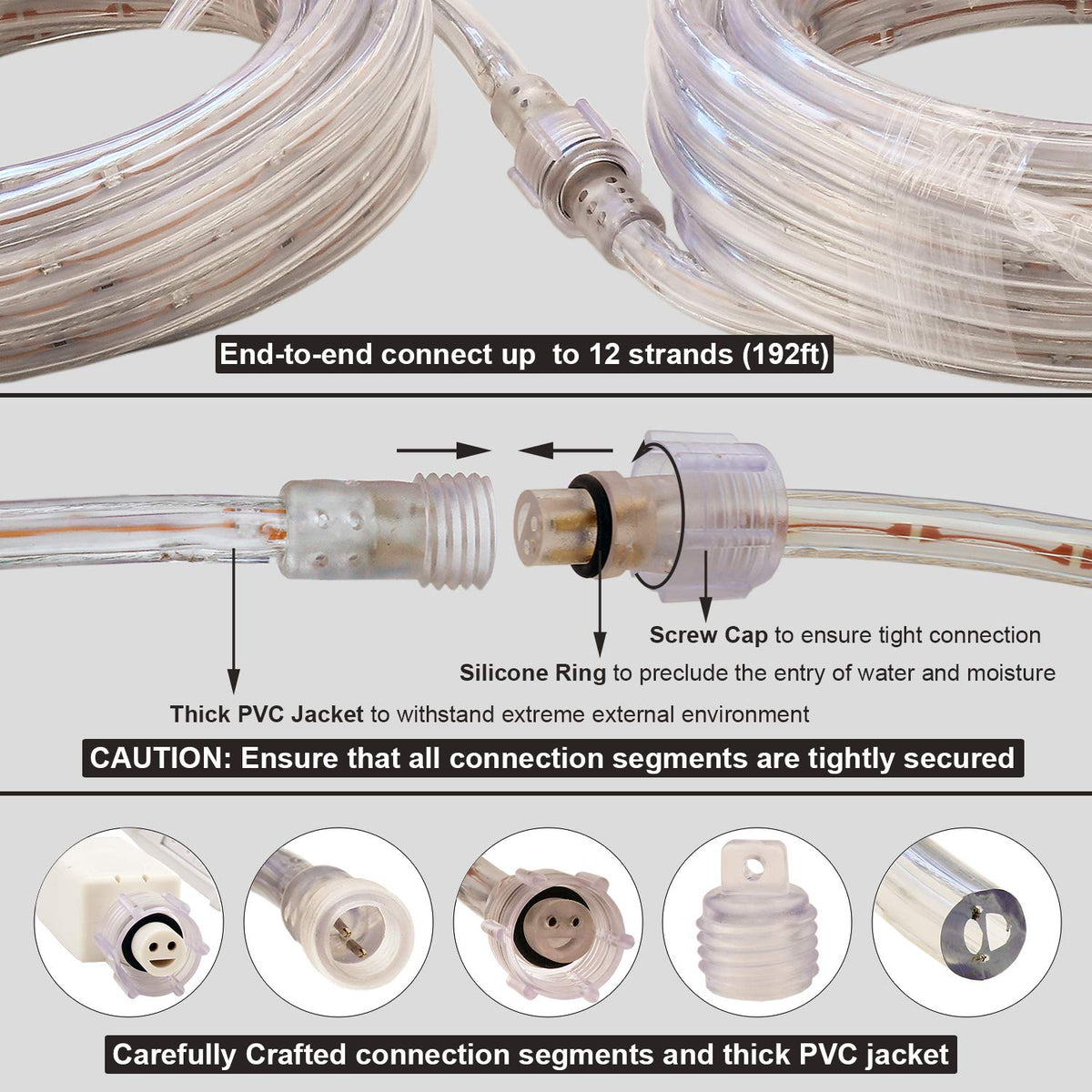 LED Rope Lights, 16ft Warm White Strip Lights, Connectable and Flexible Tape Lights with Fuse Holder, Clear Thick PVC Jacket and High Brightness Advanced LEDs, Waterproof for Indoor Outdoor Use