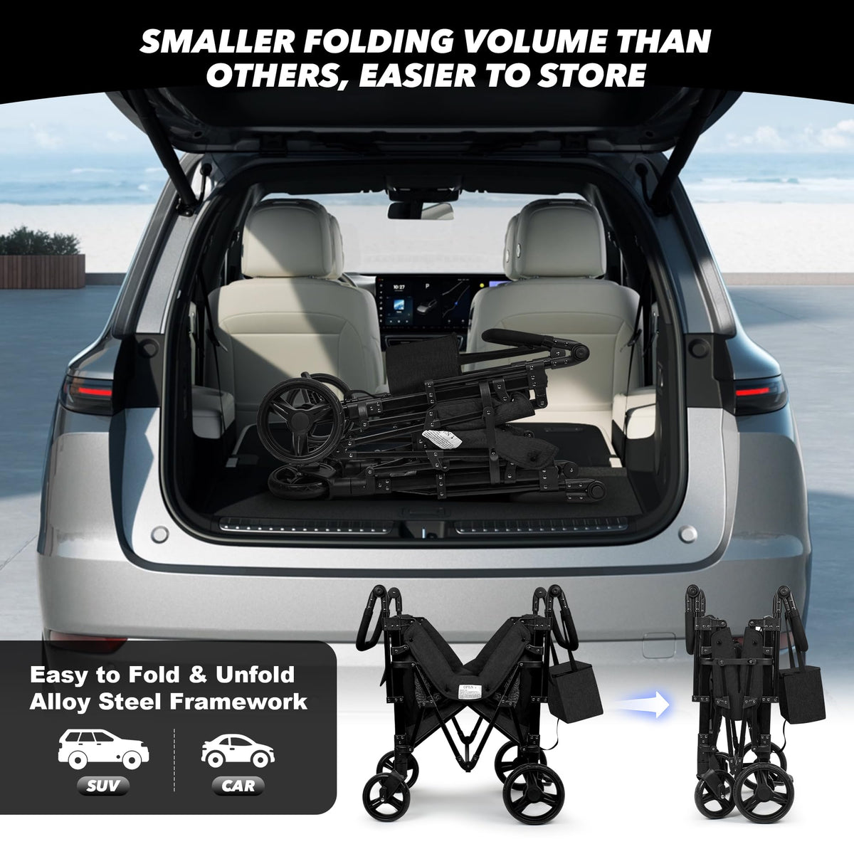 VOOI Stroller Wagon 4 Seater, Wagon for Kids, Collapsible W4 Stroller with Seats with 5-Point Harnesses, Easy Access Zipper Door, and Removable Sun Canopy (Black, W4-Large)