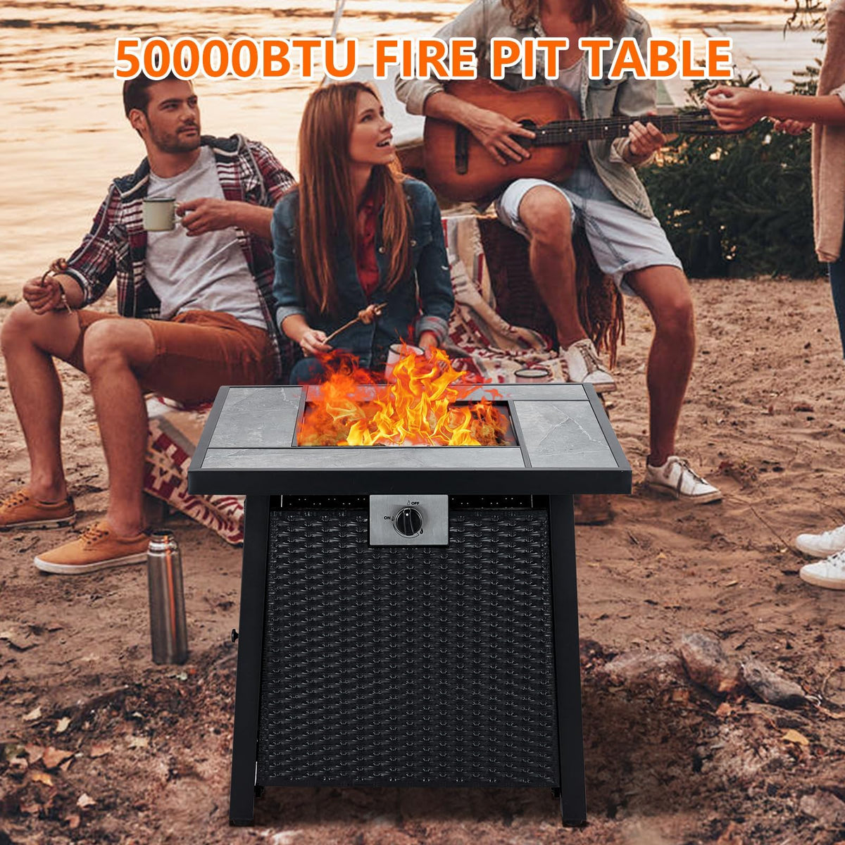 28 Inch Gas Fire Pit Outdoor Firepit Table, 50000BTU Rectangle Propane Fire Table with Lid & Lava Rock for Outside Garden Backyard Deck Patio, CSA Safety Certified
