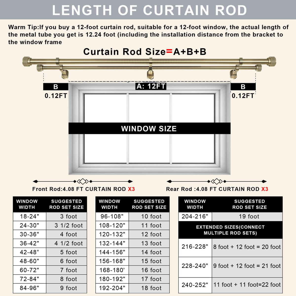 1-1/8 inch Double Curtain Rod - Premium Nonadjustable 144in/12ft Drapery Rods - Heavy Duty Dual Curtain Rods for Windows - Aluminum Finials & Adjustable Concealed Mounting Bracket - Antique Bronze