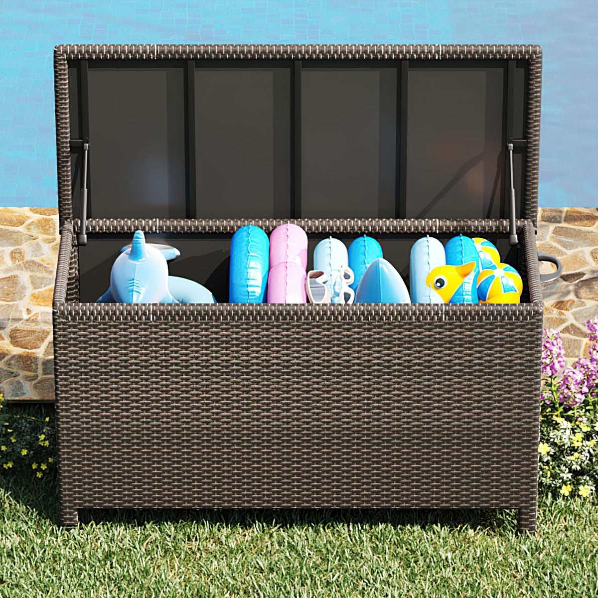 185 Gallon Wicker Deck Box, All-Weather Outdoor Storage Bin with Rattan Finish, Large Capacity for Patio Furniture, Cushions, Pool Supplies & Garden Tools (Brown)