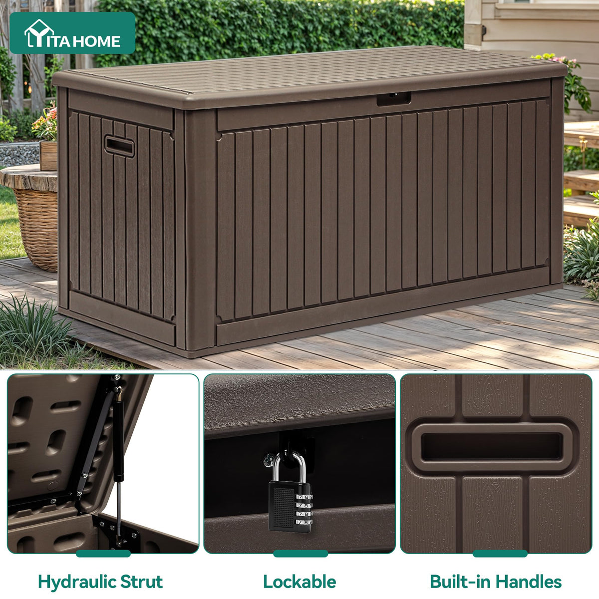 YITAHOME 320 Gallon Extra Large Deck Box, Double-Wall Resin Outdoor Storage Box with Flexible Divider for Patio Cushions Pool Supplies Garden Tools, 1000lbs Load Capacity, Lockable&Waterproof (Brown)