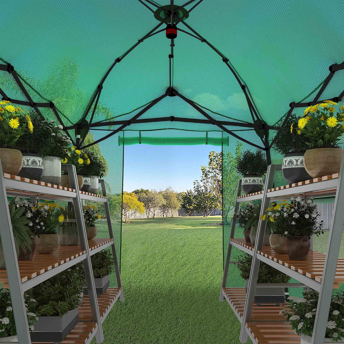 8.5 x 7 ft Pop-up Greenhouse, Walk-in Green House for Indoor Outdoor, Plant Garden Green House with Zippered Doors, Screen Windows, Heavy Duty Frame and Weather-Resistant Durable PE Cover