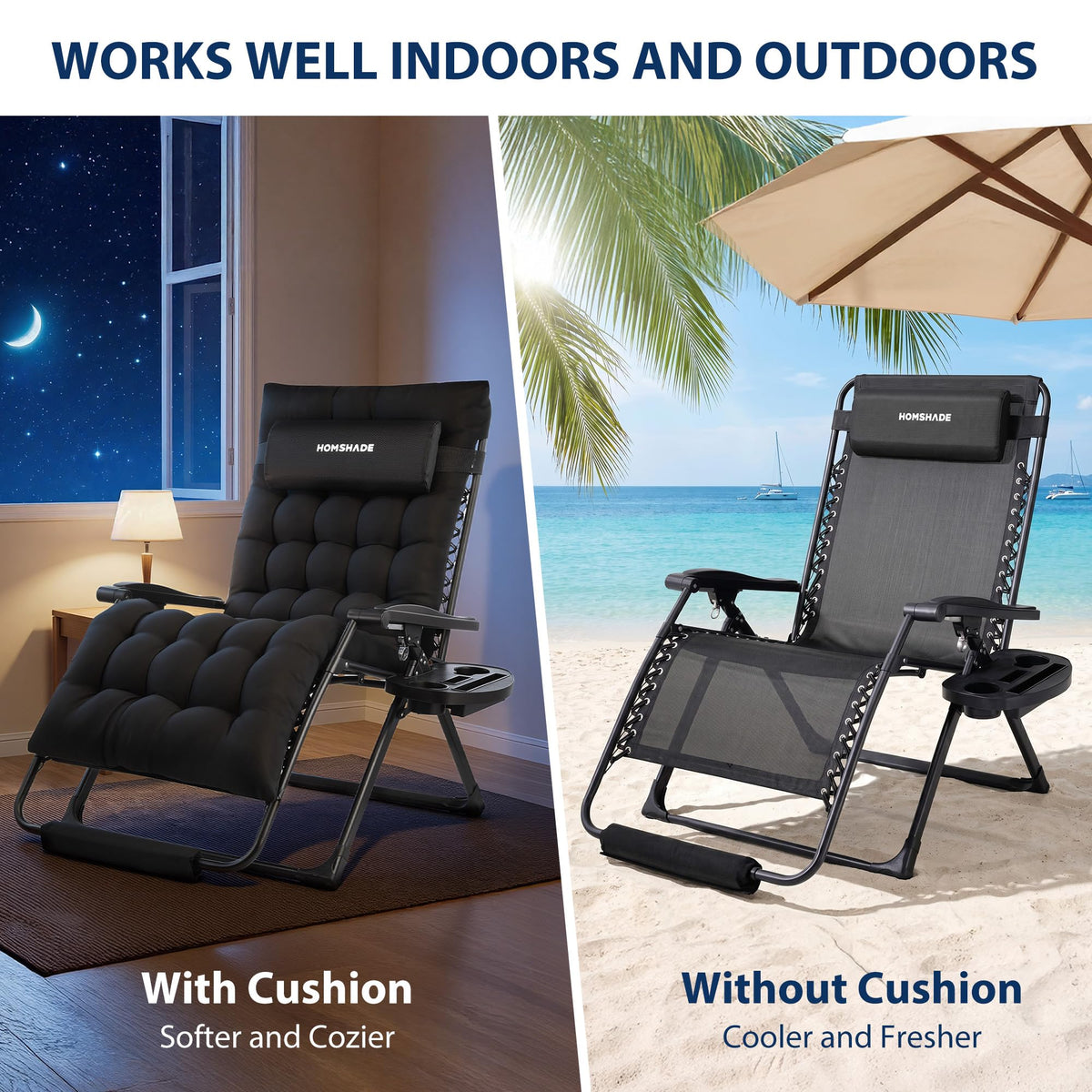 HOMSHADE Oversized Zero Gravity Chair, 33In XXL Outdoor Recliner Chair w/Removable Cushion&Headrest, Reclining Patio Chairs for Indoor, Camping Lounge Chair with Footrest, Support 500LBS, Black