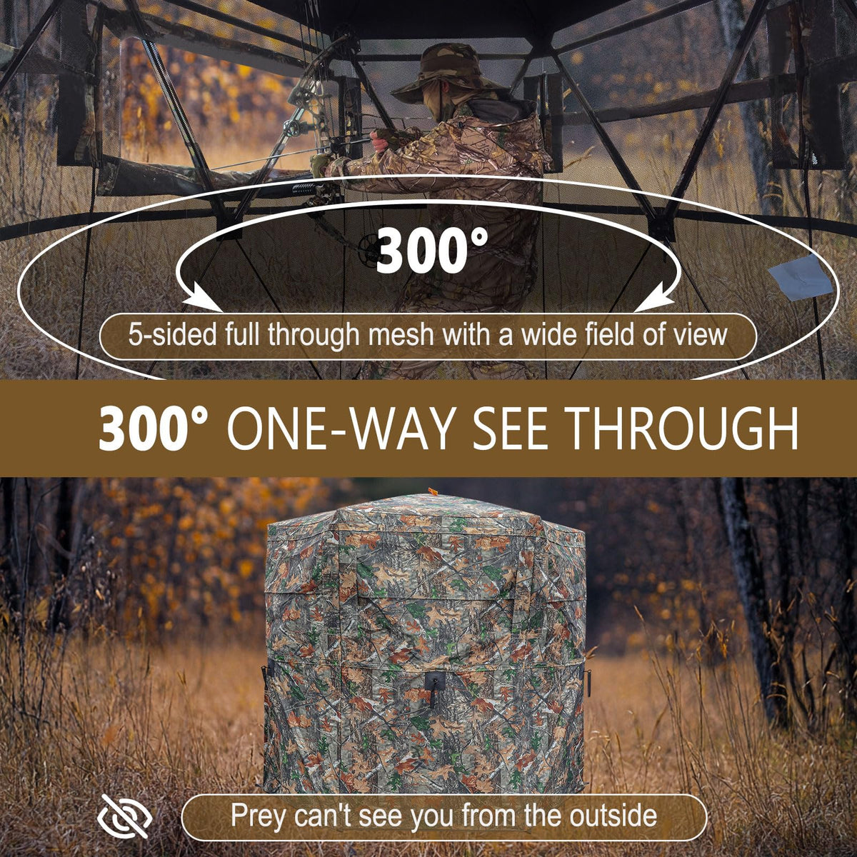 Kalkal Hunting Blind with Full Open Door, 2-3 Person 300° See Through Hunting Blind with Portable Bag, Stable 6-Sided Pop Up Ground Blind for Deer Turkey Bear Hunting