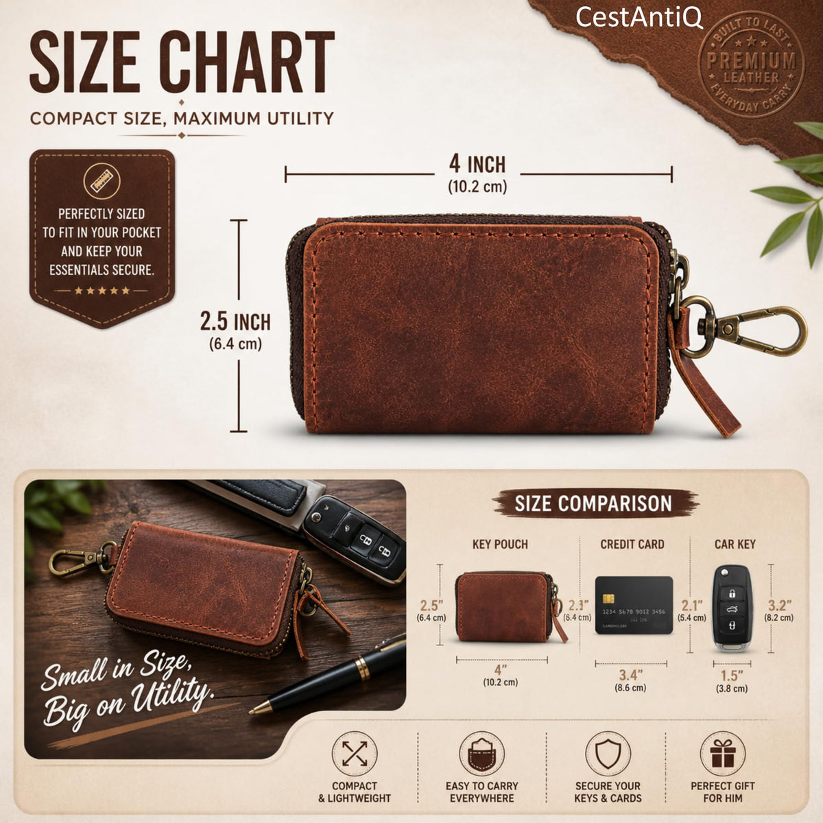 Handmade Full Grain Leather Car Key Holder & Zippered Coin Purse | Belt Loop Key Chain, Compact Earphone Holder, Multi-Functional Money Purse, Elegant Leather Accessory, Versatile Key Organizer