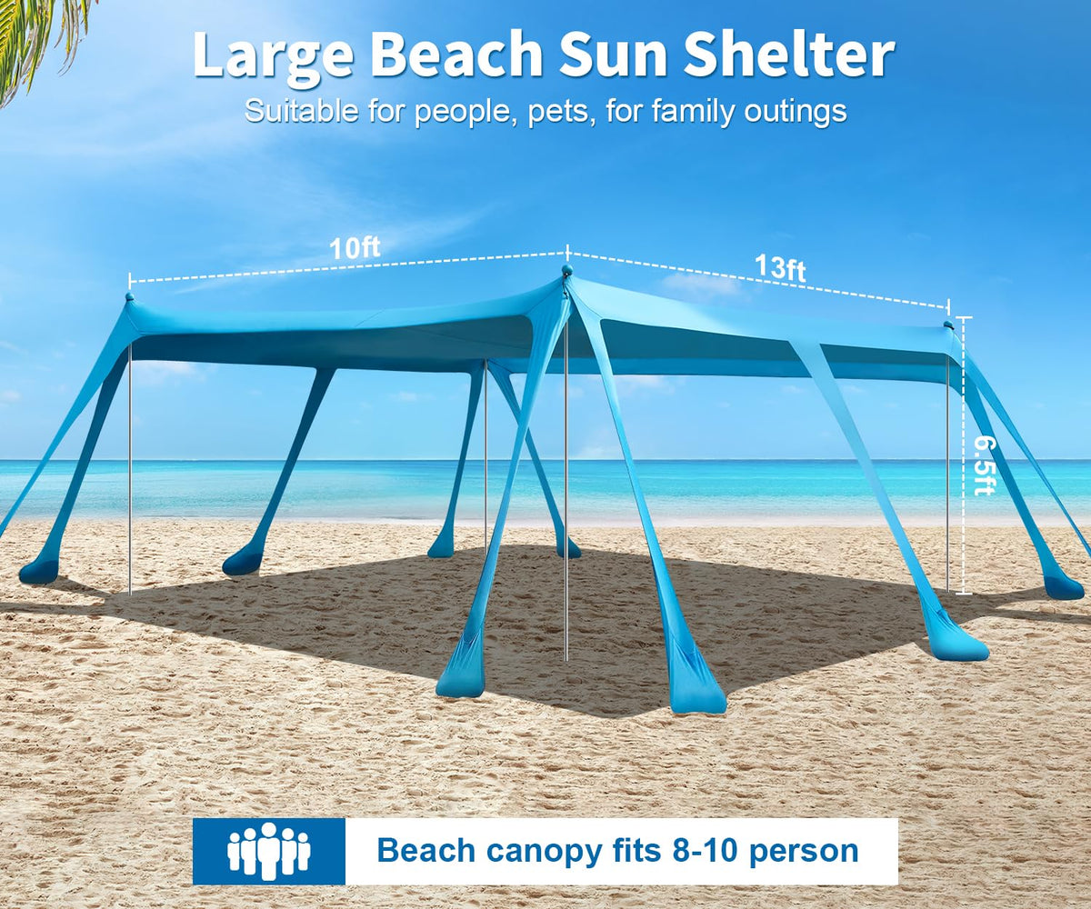 13x10FT Beach Tent Sun Shelter – UPF50+ Outdoor Canopy with 10 Sandbags, Sand Shovel, Ground Pegs & Stability Poles – Portable Shade for Camping, Fishing, Picnics & Beach Trips