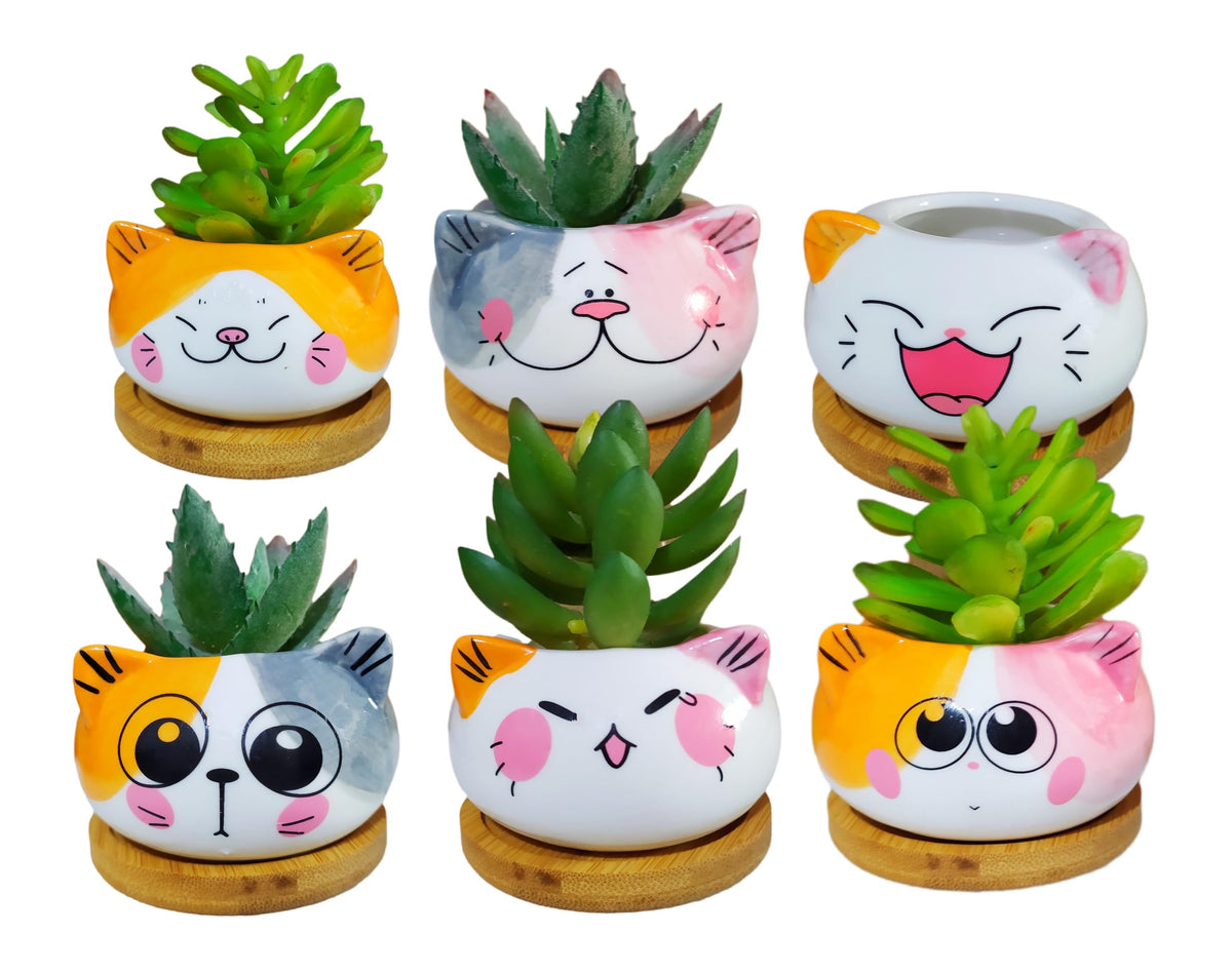 Cuteforyou Cute 3.5 Inches Indoor Cartoon Animal Cat Shaped Ceramic Succulent Cactus Flower Plant Pots with Bamboo Tray-Plant Not Included (6 Corlors)