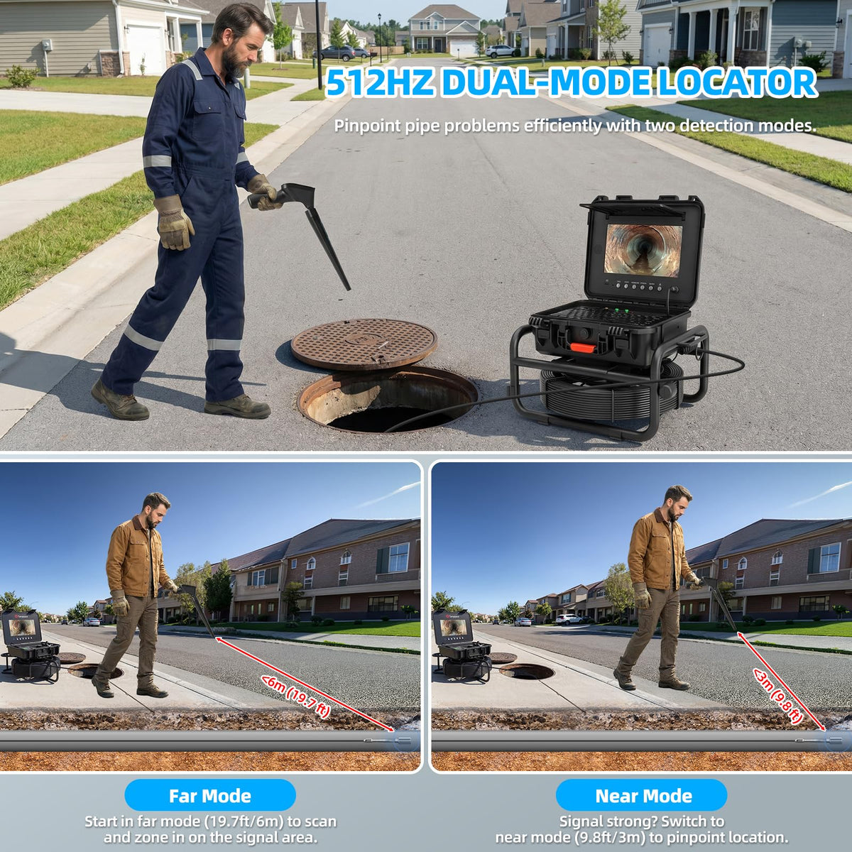 Sanyipace Locator 512Hz, Underground Pipe Locator, Underground Cable Location Device, Sewer Camera Accessories, 3000mAh Battery Powered, Rechargeable Receiver Locating Wand - Blue & Black