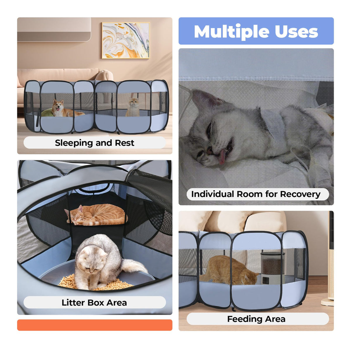 2-in-1 Cat Playpens, Detachable into 2 Separate Playpens with Additional 2 Doors, Portable Dog Playpen Cat Tent Enclosure for Kitten and Puppy Indoor Outdoor Use(M)