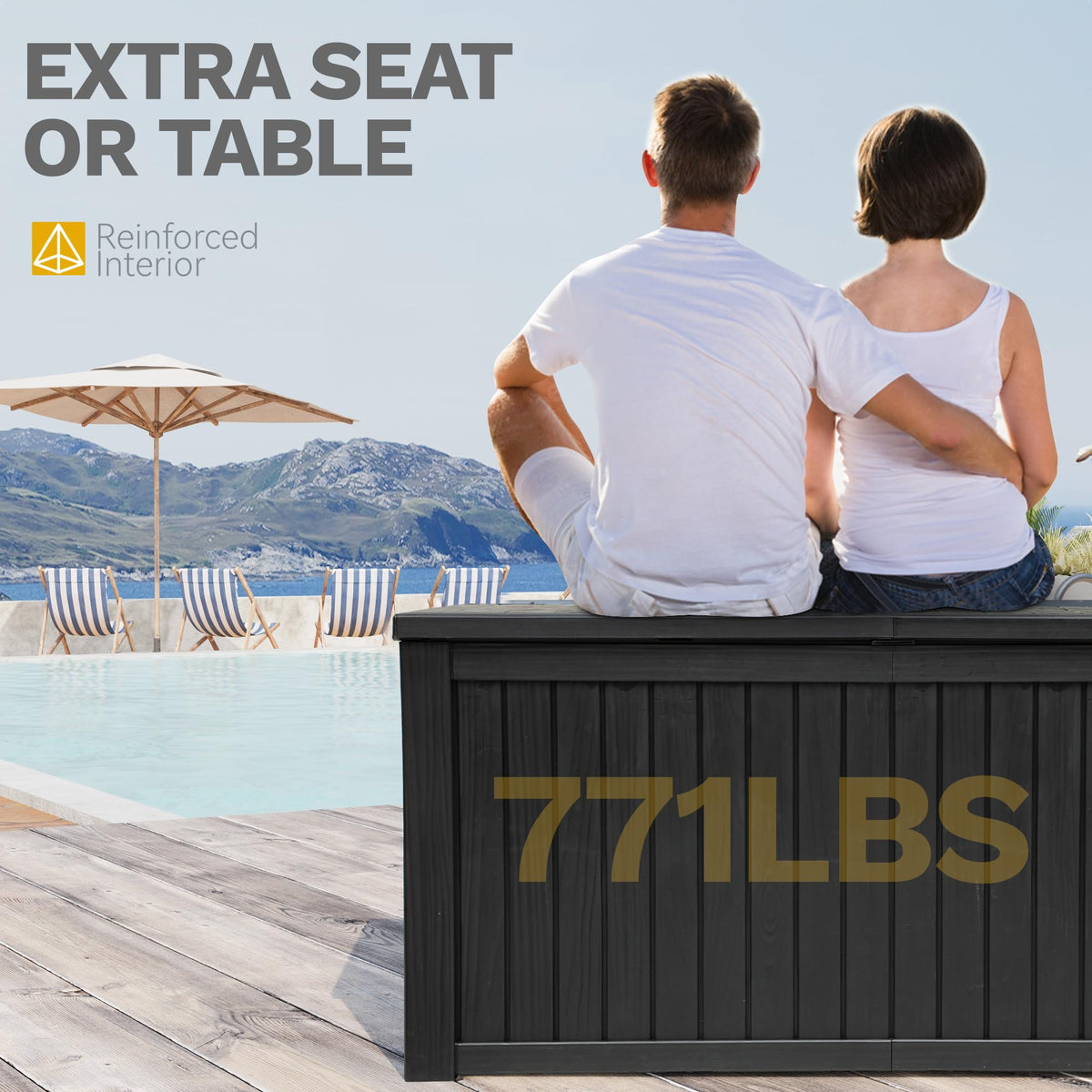 DWVO 220 Gallon Extra-Large Patio Deck Box, Waterproof Resin Outdoor Storage Box with Removable Divider for Patio, Garden, Pool, Furniture and Tools, Black