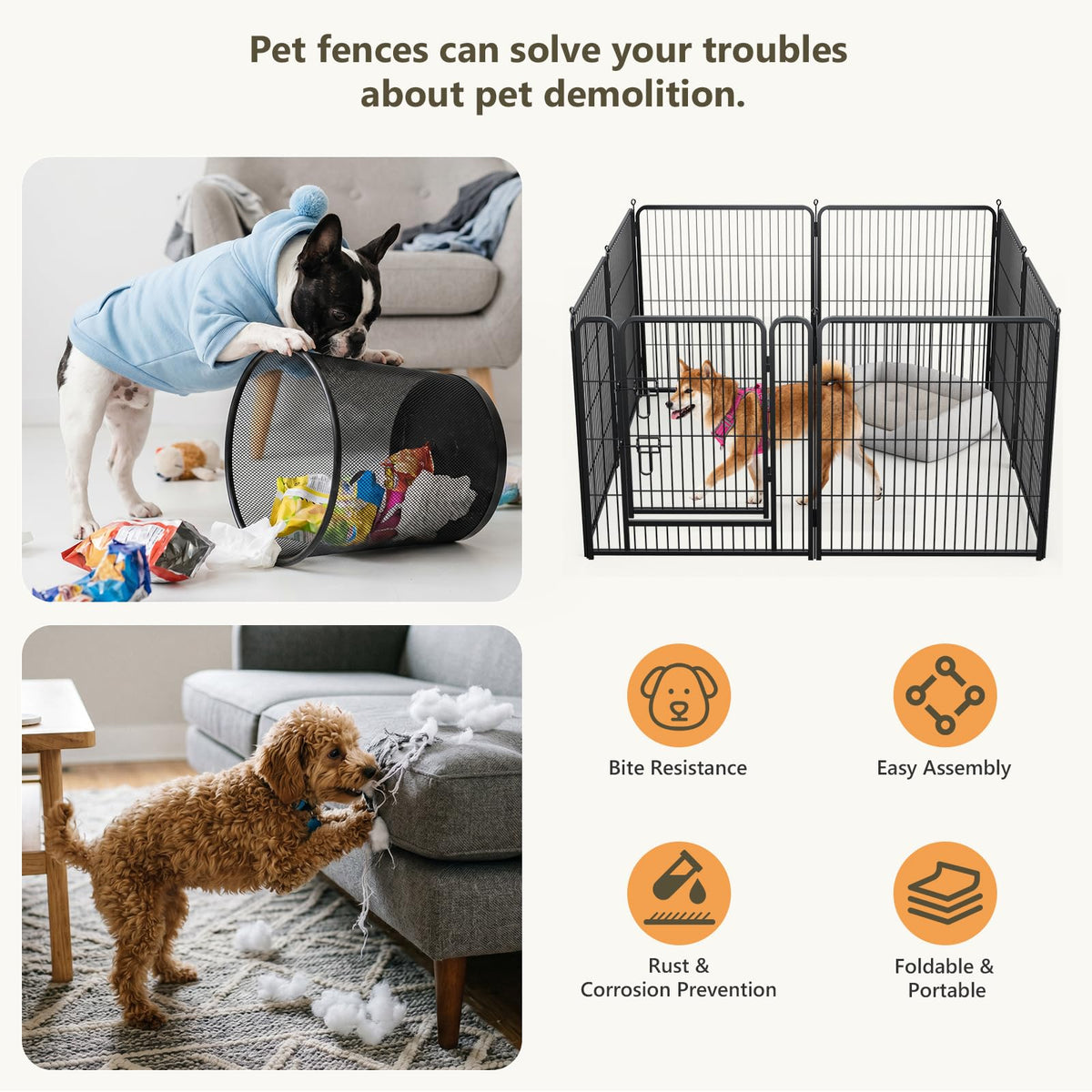 MAKE CHANGES Metal Dog Playpen - 32" Height 16 Panels Foldable Exercise Pen for Dogs Indoor/Outdoor Pen with Door for Pet Animals Portable Pet Playpen Polygon Dog Enclosure (Black)