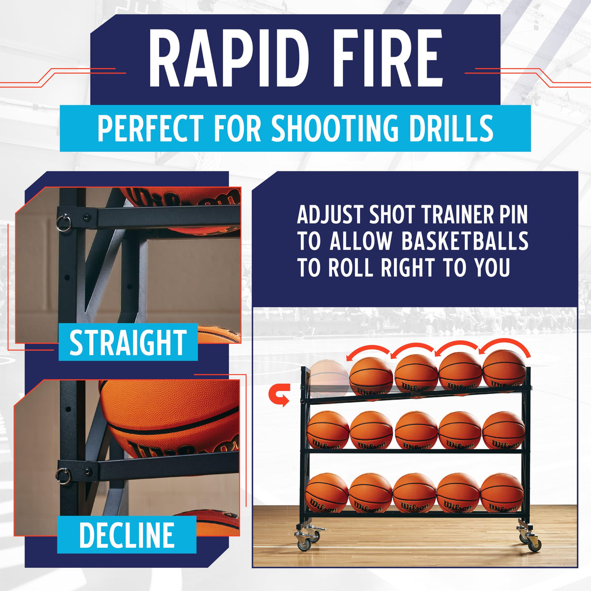 Murray Sporting Goods Premium Basketball Rack | Basketball Storage 3-Tier 15-Ball Heavy Duty Ball Cart with Wheels | Drop Pin for Shooters Preference