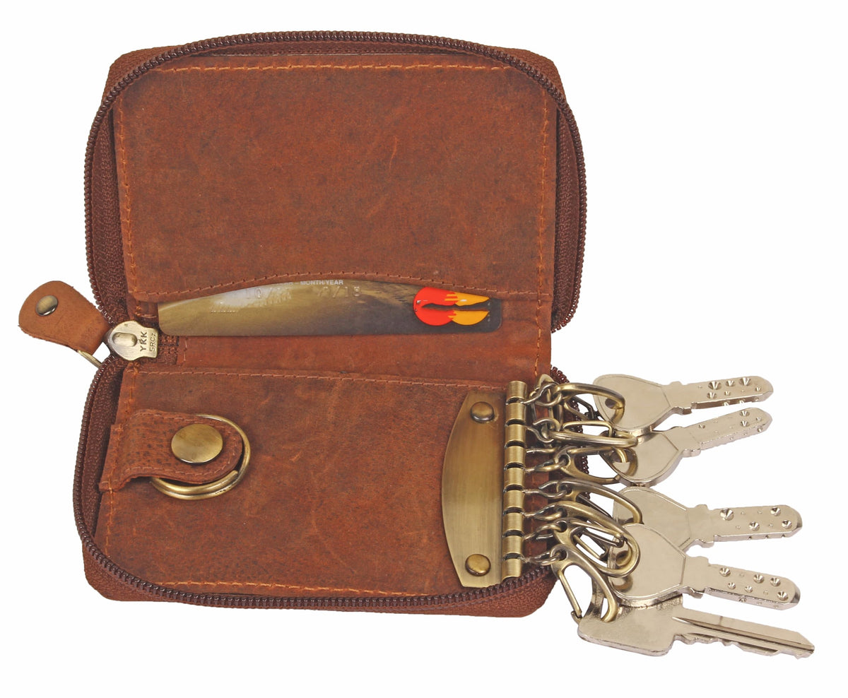 RUSTIC TOWN Leather Key Case Holder - Zippered Key Organizer Wallet with 8 Hooks for Keys, Cash, and Card - Gift for Men and Women (Brown)
