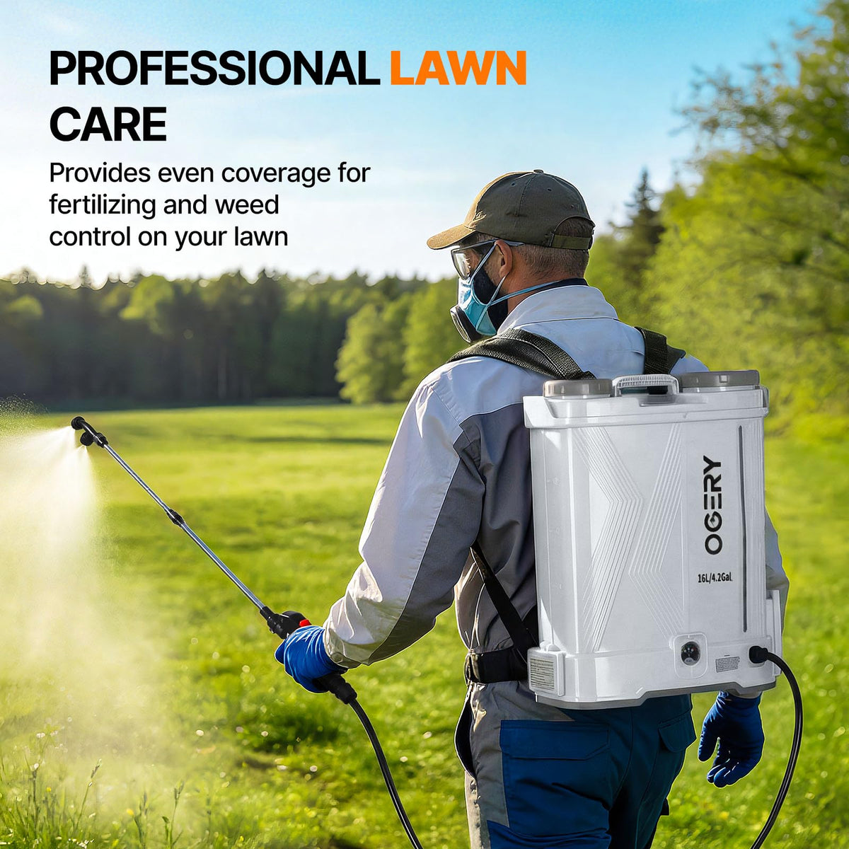 OGERY Battery Powered Backpack Sprayer 4 Gallon, 2.6Ah 21V Battery Electric Pump Sprayer with 6 Nozzles, Telescopic Stainless Steel + Plastic Wand for Lawn Garden Weed Yard Cleaning (Charger Included)