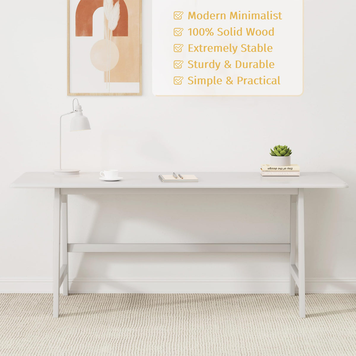 IOTXY Solid Wood Writing Table - 60" W x 24" D Minimalist Computer Desk for Home Office, Work, Study, Creativity, and PC Workstation, White