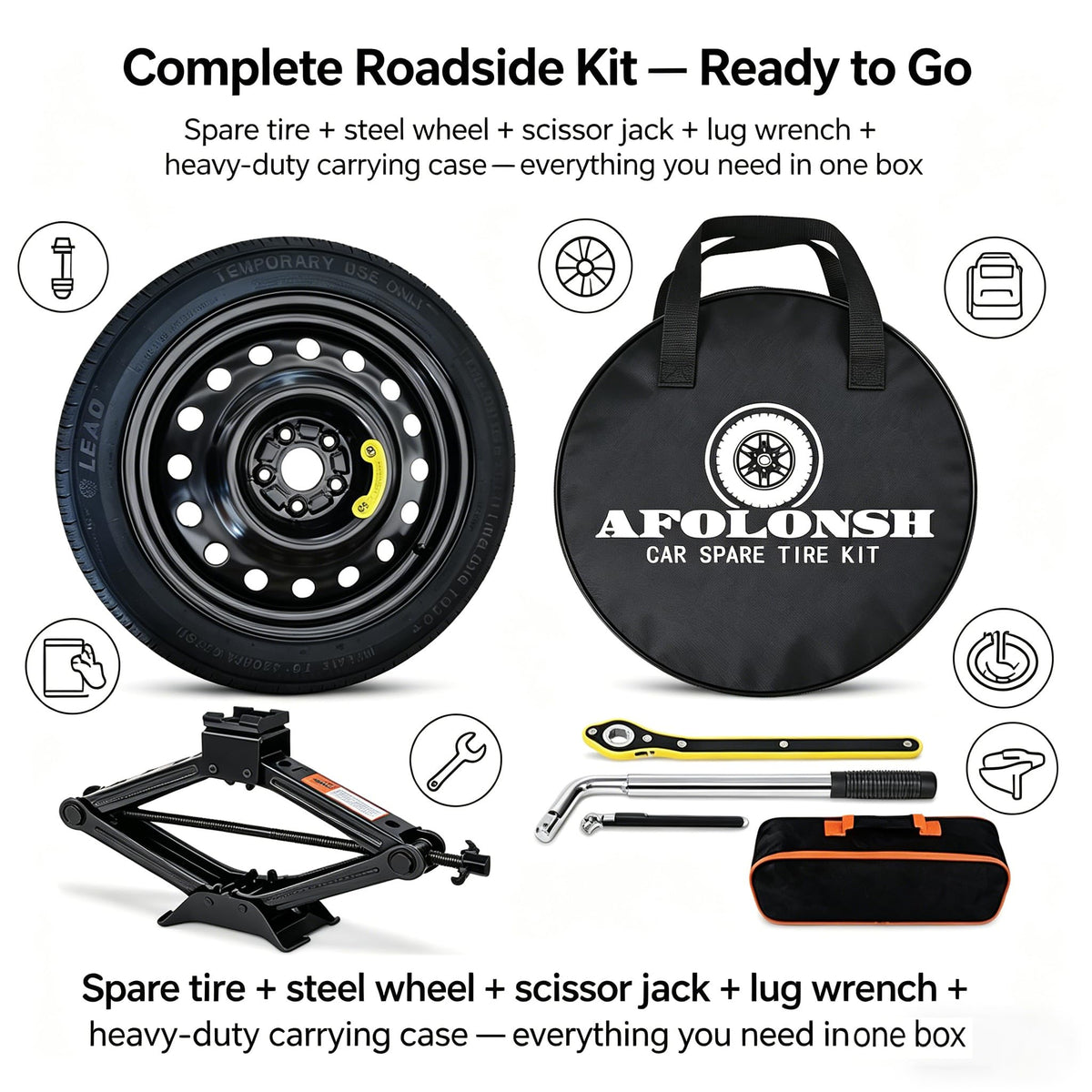 Spare Tire Kit Compatible with Chevrolet Camaro 2016-2024 | 135/80R18 Spare Wheel on 18x4 Rim| 26.5" Rolling Diameter | Includes Car Jack Kit & Tire Carrying Case Excluding (SS,LT1, ZL1, 1LE) Models